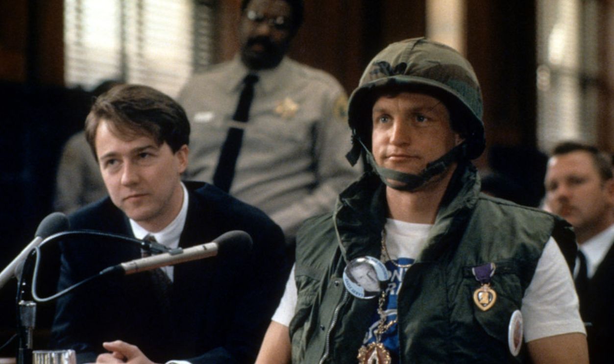 Woody Harrelson dressed as a soldier in court in a scene from the film 'The People Vs. Larry Flynt', 1996. 