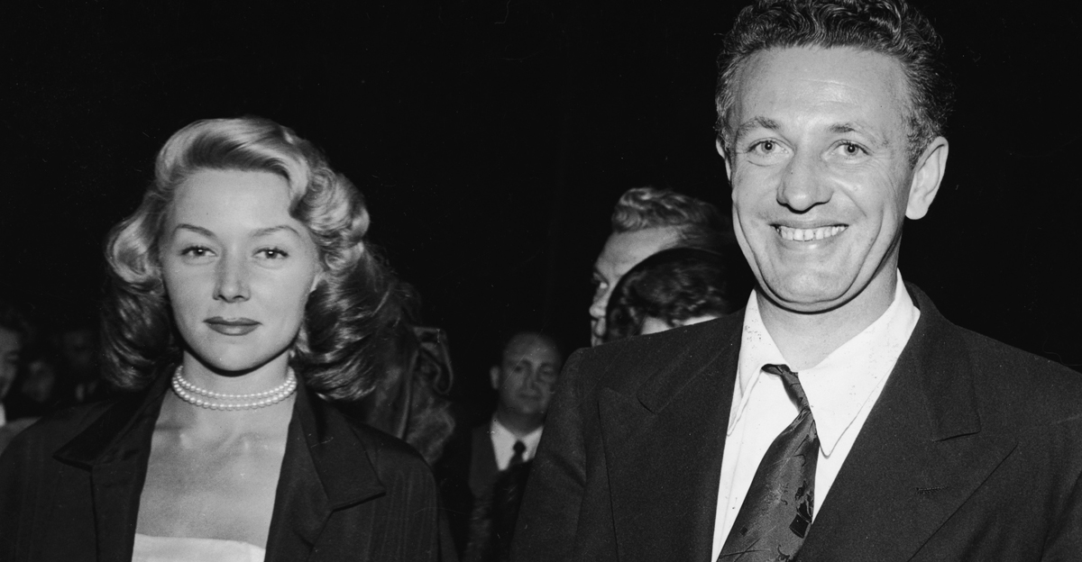 American film director Nicholas Ray (1911 - 1979) and his second wife, American actress Gloria Grahame (1923 - 1981), at the Ice Follies, late 1940s to early 1950s. 