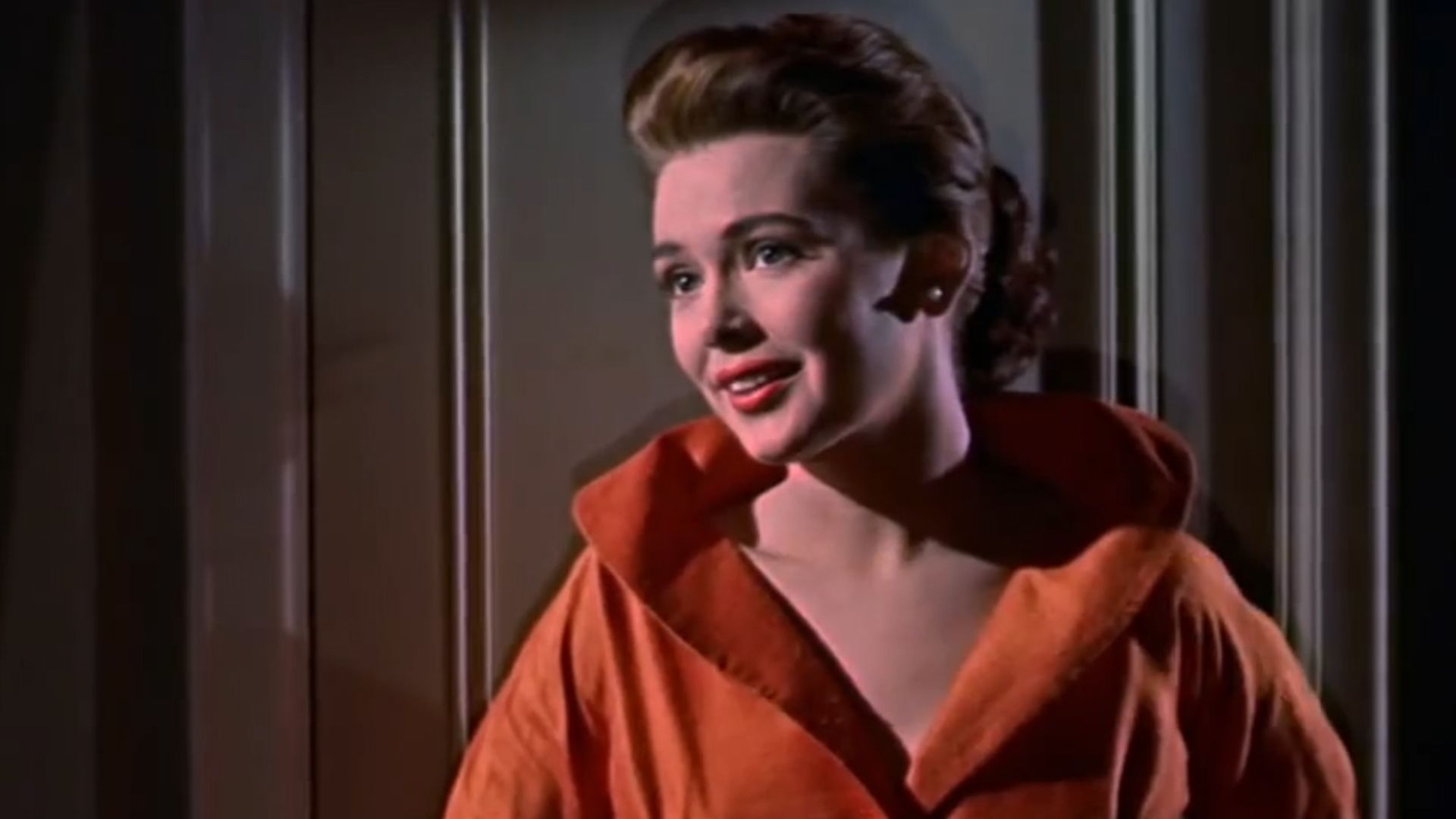 Screenshot of Barbara Rush from the trailer for the film Bigger Than Life (1956).