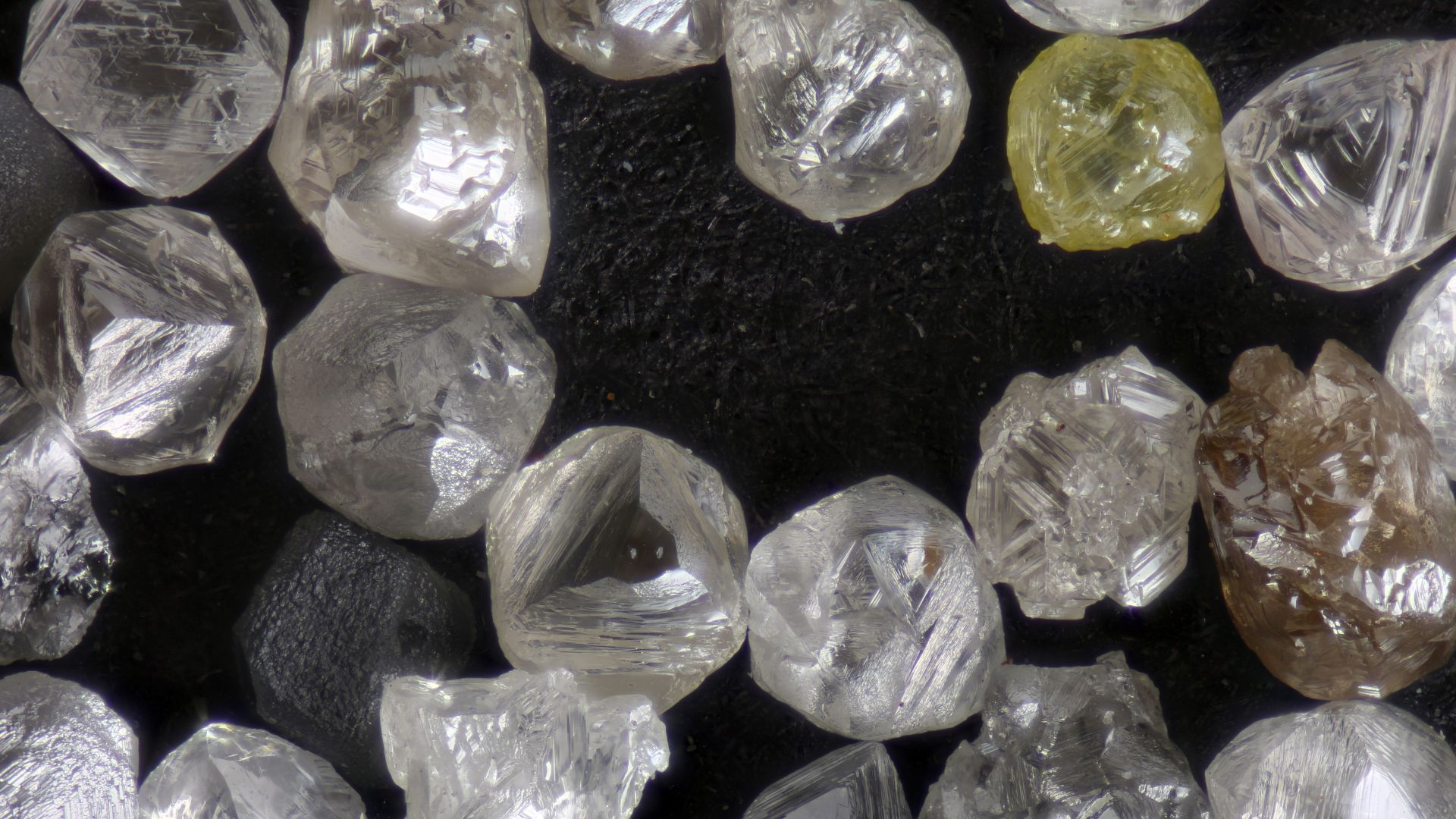 Diamond
Locality: Russia
Field of view: 4.5 mm
Description: These diamonds were a gift from Mark Andrews. Thanks Mark. He obtained them from Paul Krush of GemHunt.