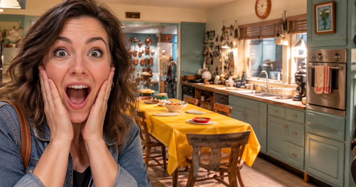 A shocked woman standing in a kitchen