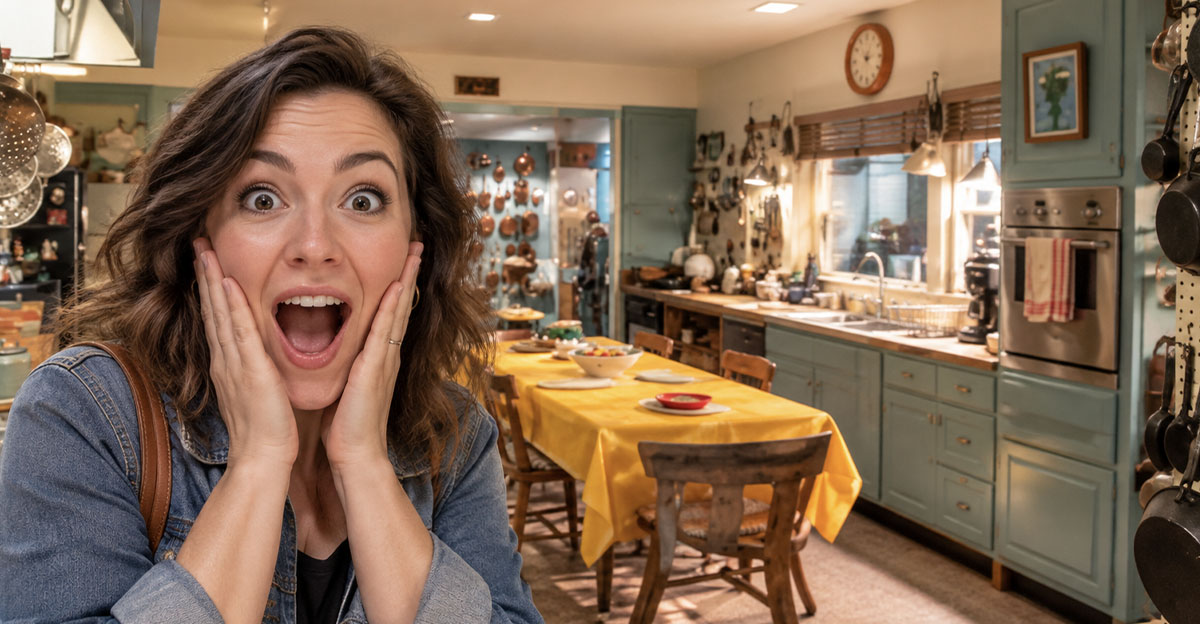 A shocked woman standing in a kitchen