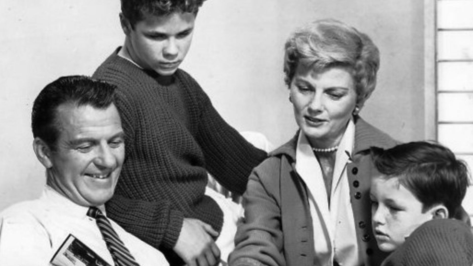 Photo of the Cleaver family from the television program Leave it to Beaver.  From left: Hugh Beaumont (Ward), Tony Dow (Wally), Barbara Billingsley (June), Jerry Mathers (Theodore AKA