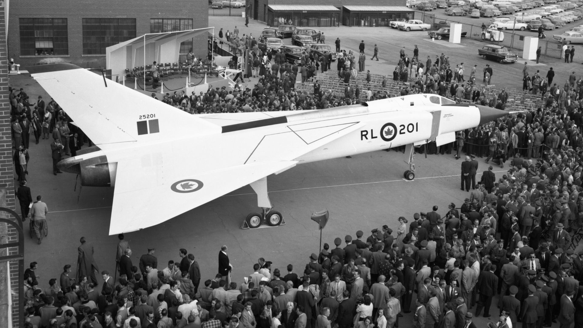 Unveiling of Avro CF-105 at Malton Airport (now Toronto Pearson International Airport) in 1957.