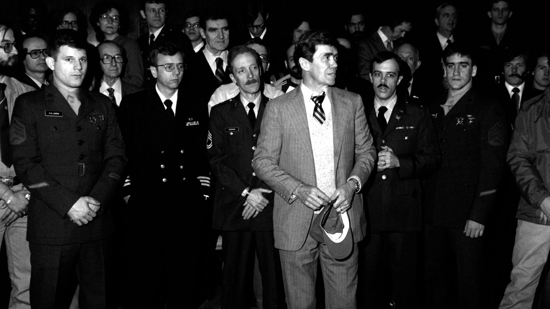 A group photograph of the Iran hostage crisis former hostages in the hospital. The 52 hostages were spending a few days in the hospital after their release from Iran prior to their departure for the United States. Location: WIESBADEN AIR BASE