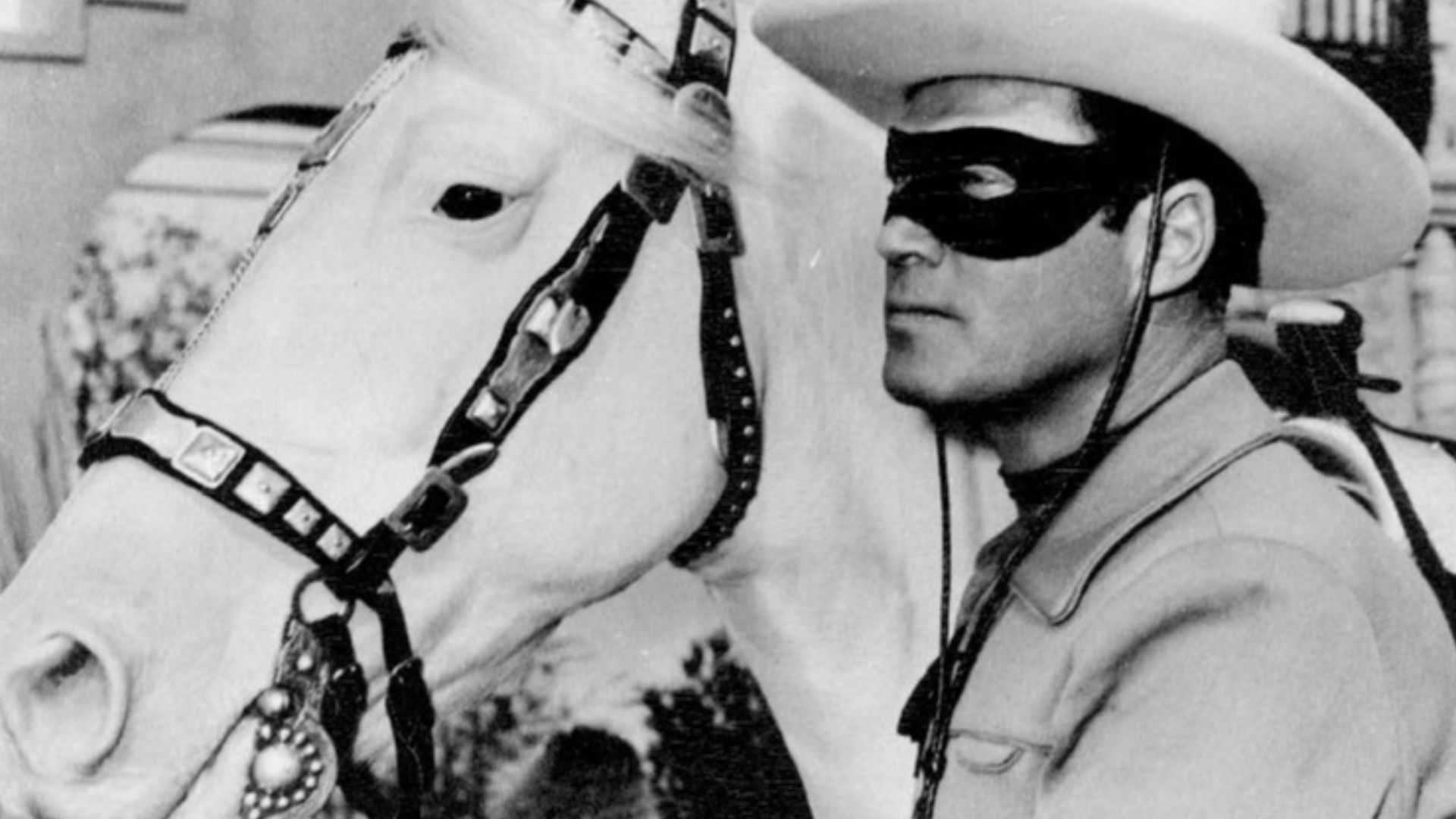 Publicity photo of Clayton Moore as the Lone Ranger and Silver from a personal appearance booking at Pleasure Island (Massachusetts amusement park), Wakefield Massachusetts.