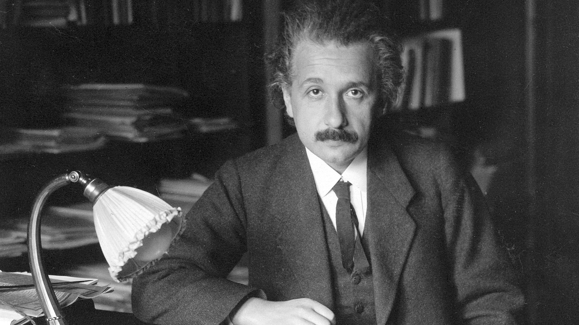 Photograph of Albert Einstein in his office at the University of Berlin, published in the USA in 1920.