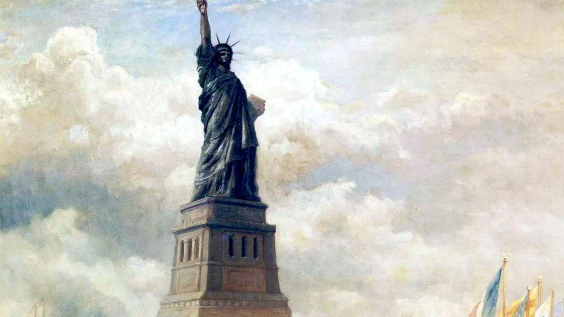 A painting by Edward Moran depicting the unveiling of the Statue of Liberty on October 28, 1886. This was an actual historical event near Bedloe's Island in which thousands of spectators gathered in boats for the dedication of statue.