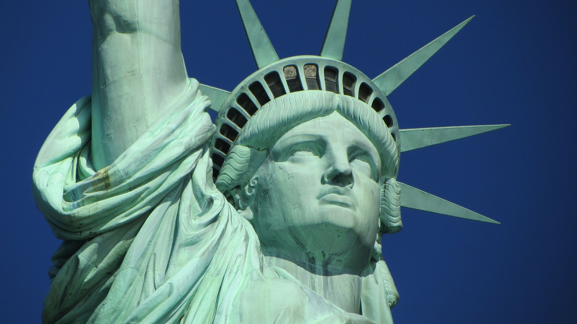 Closeup photograph of the Statue of Liberty