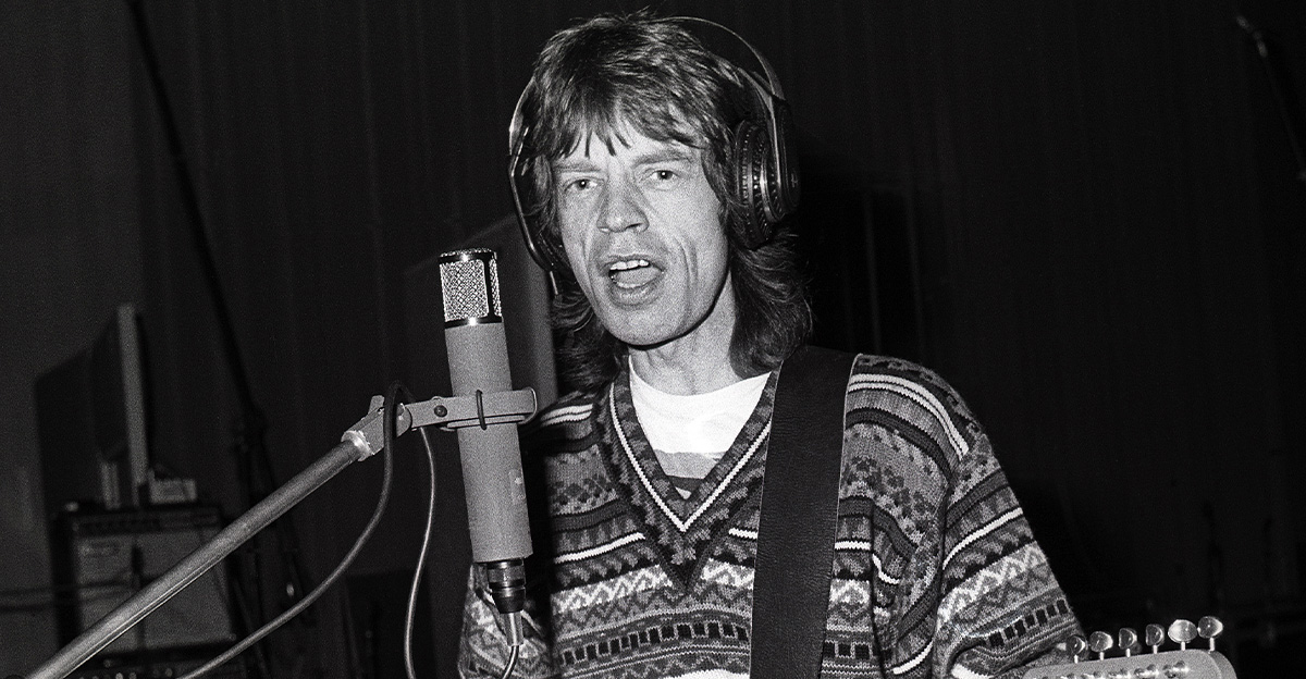 Mick Jagger from The Rolling Stones records at Wisseloord Studios, Hilversum, Netherlands while working on his solo album, Primitive Cool on 12th December 1986. 