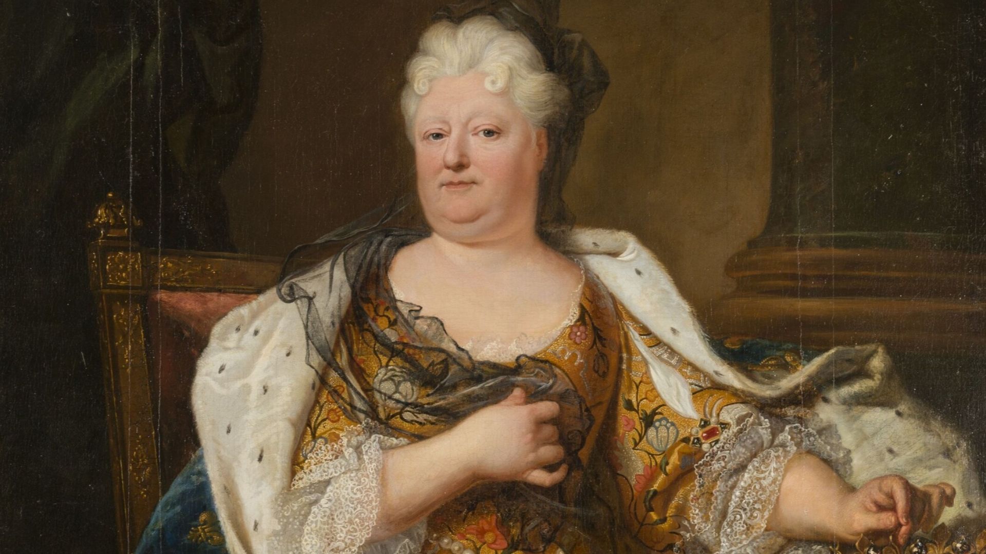 The Duchess wears the black vap and veil of a widow (her husband died in 1701).
