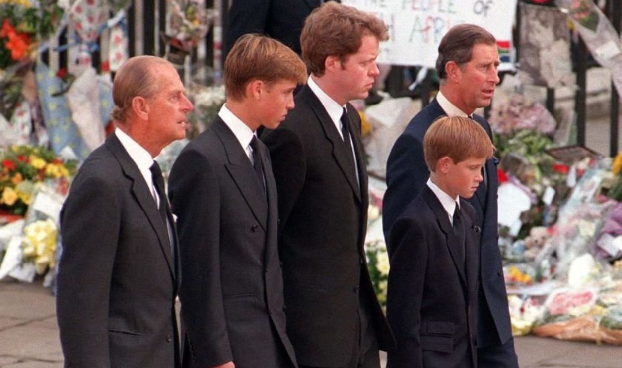 Note to Editors: This picture transmitted 17 August 1998 to accompany package of stories in advance of the first anniversary of the death of Diana, Princess of Wales. Library filer dated 6/9/97 of (L-R) The Duke of Edinburgh, Prince William, Earl Spencer, Prince Harry and the Prince of Wales following the coffin of Diana, Princess of Wales, to Westminster Abbey for her funeral service.