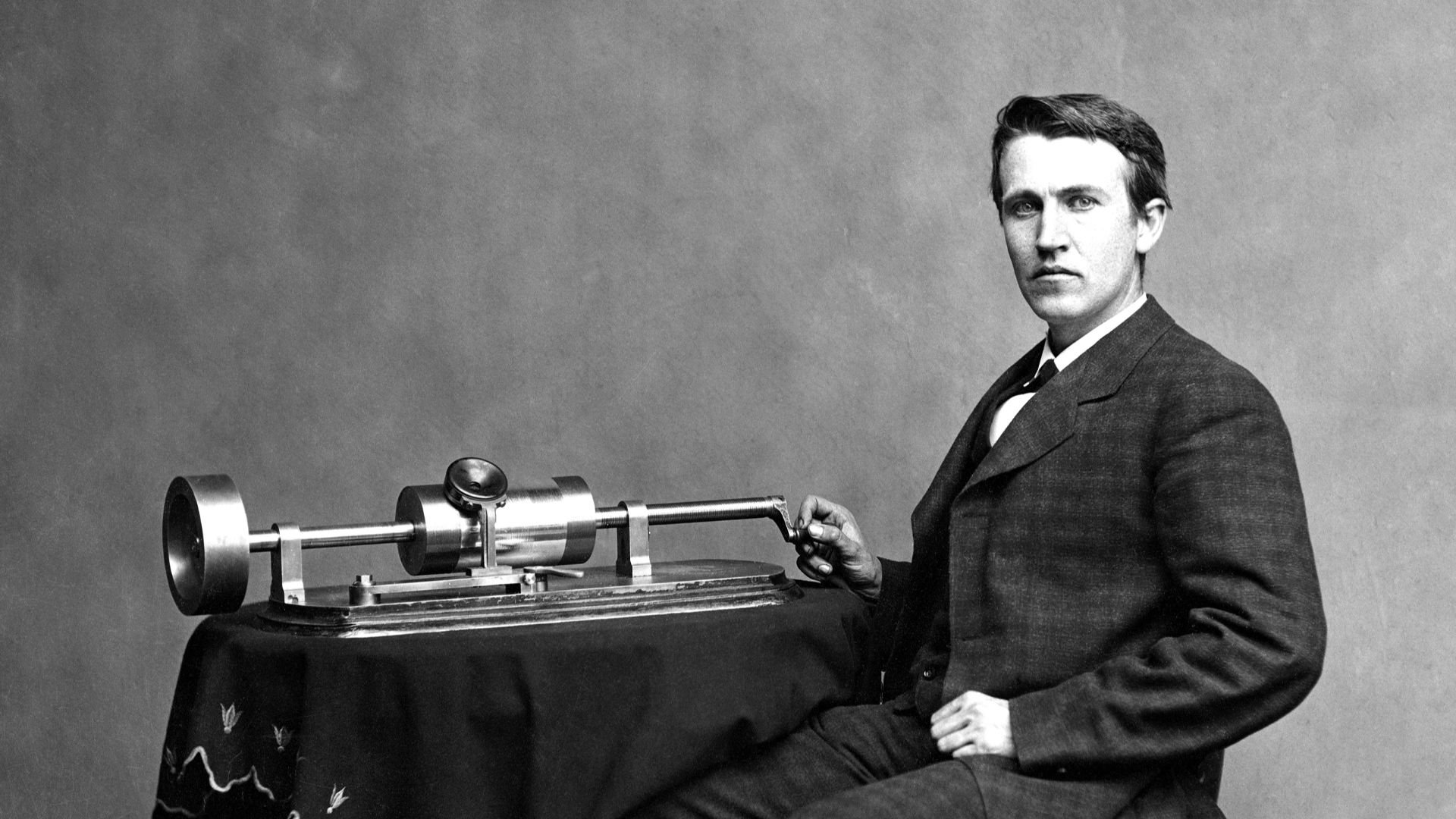 Thomas Edison and his early phonograph.  Cropped from Library of Congress copy. Edited Version. Dust removed by Arad. Lightness fixed by Skies