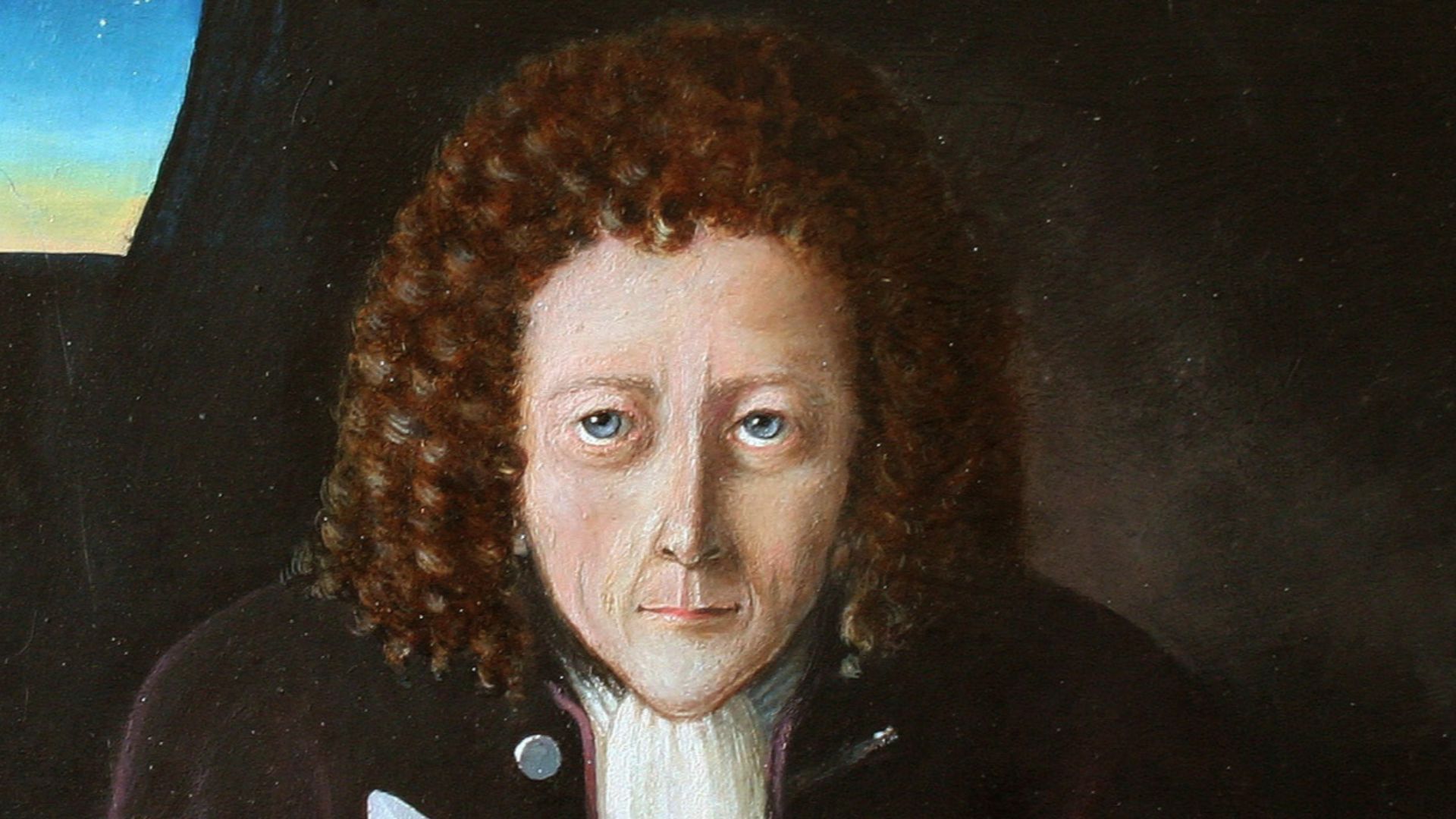 As no contemporary portrait of Robert Hooke seems to have survived from the seventeenth century, this one is a reconstruction from the descriptions by his colleagues Aubrey and Waller. It shows him with a spring, pocket watch, fossil and map of the City