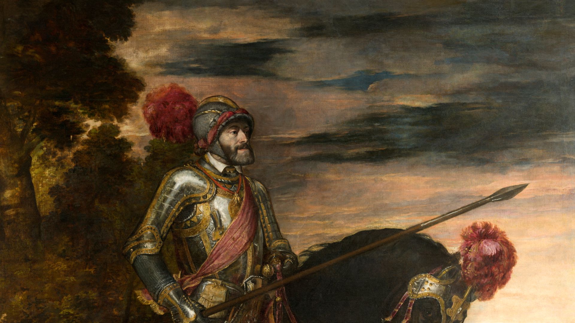 Retrato ecuestre del emperador Carlos I de España (1500-1558), que aparece llevando la armadura que usó en la batalla de Mühlberg, que se libró en 1547 y en la que el emperador derrotó aplastantemente a los protestantes alemanes.