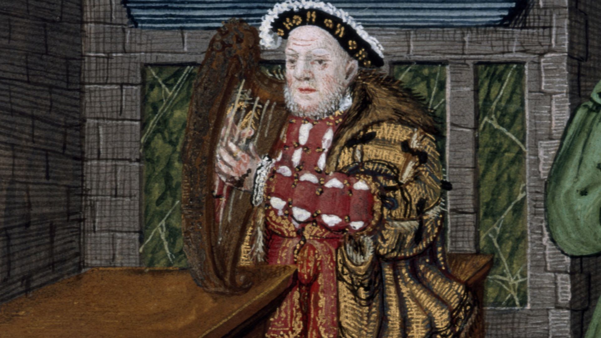 Henry VIII with harp

[Miniature only] King Henry VIII as David, seated with harp, in an interior with his jester, William Sommers; illustrating Psalm 52