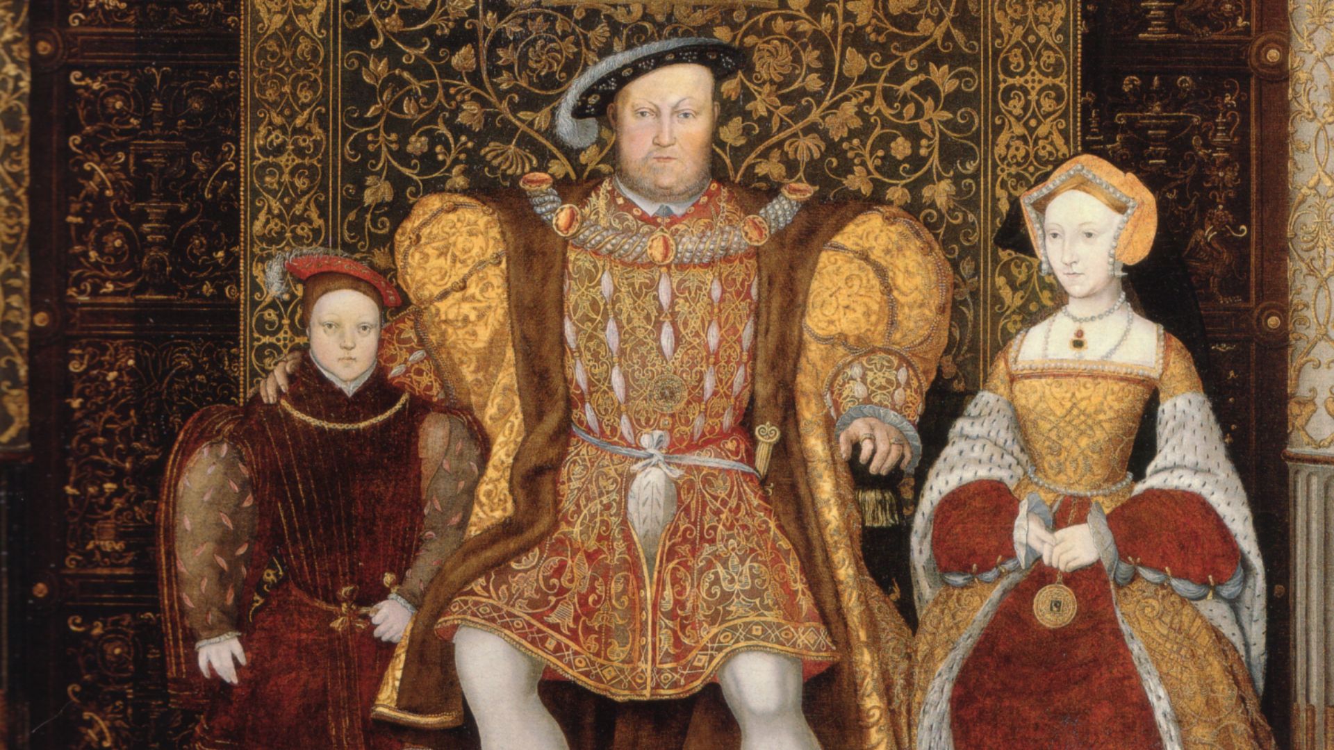 Detail of The Family of Henry VIII, now at Hampton Court Palace, c. 1545
Oil on canvas, 141 x 355 cm

Left to Right: Prince Edward, Henry VIII, Jane Seymour
