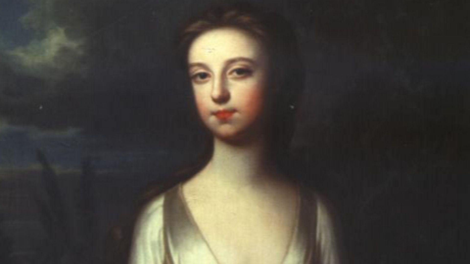 Lady Diana Spencer in Van Dyck costume, wearing white satin. Painted prior to her marriage.