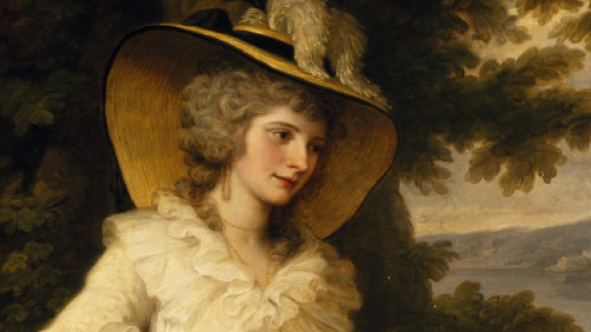 «The entry in Angelica Kauffman’s diary, on the day this portrait was painted, reads: “Naples Oct 1785 for Lady Foster, her portrait, half-length figure...sitting in a boscage; in the distance, the Isola d’Ischia - the head was painted at Naples and the r