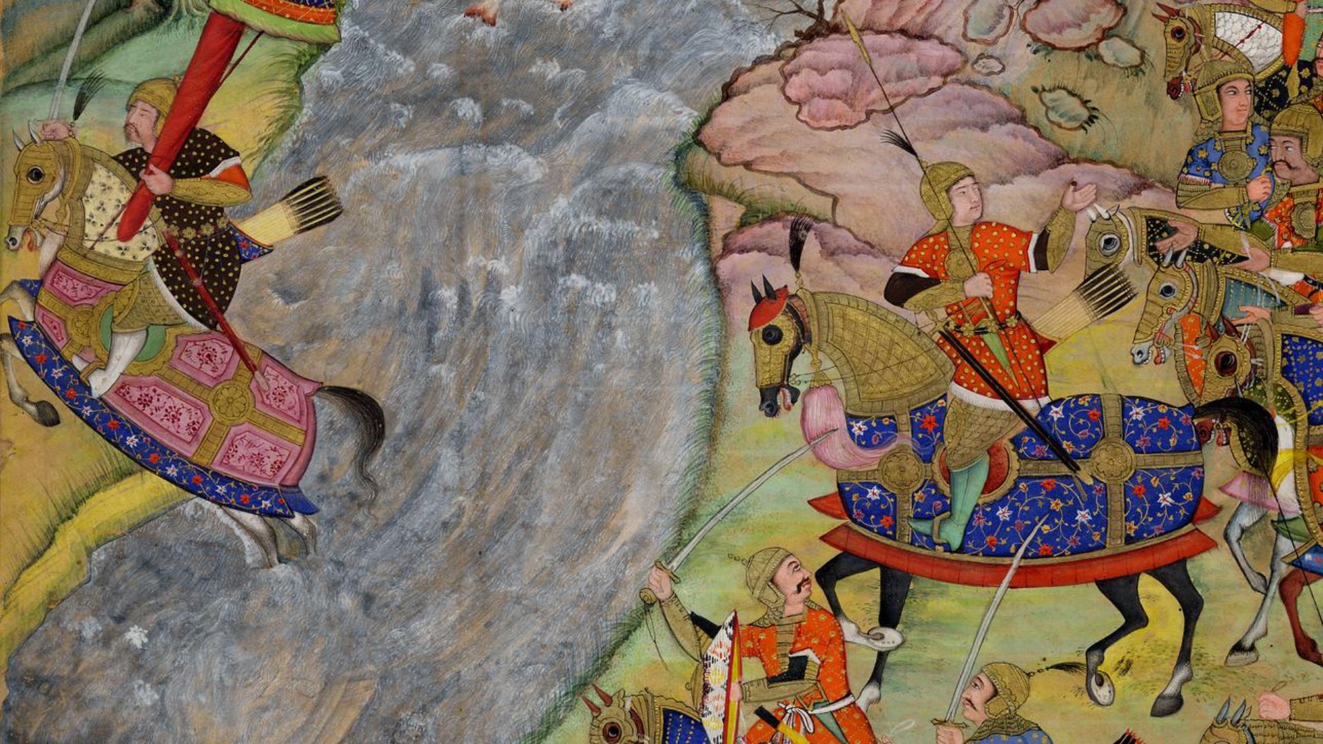 This painting, from the epic Chinggiskhannama, illustrates Jalal al-Din Khwarazm-Shah crossing the rapid Indus river, escaping Chinggis Khan and his army. The river, alive with jumping fish, separates Chingis Khan from Jalal al-Din, who carries a parasol,