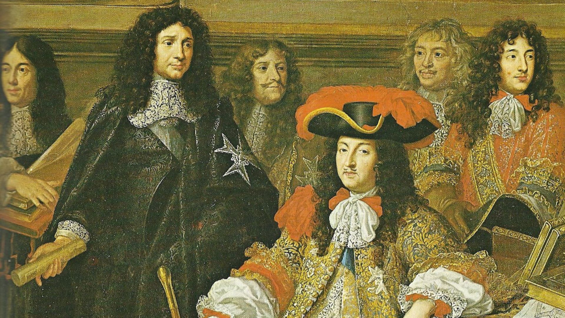 King Louis XIV. of France (centre, sitting) with his Minister Colbert (black robe, standing) during the foundation of the Académie des sciences (1666?)
