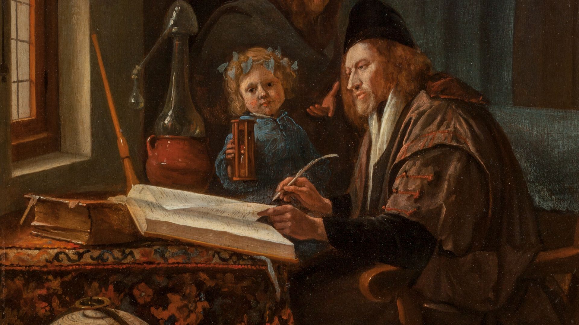 Scholar at his desk, oil on oak, 46.5 by 42.5 cm, National Gallery in Prague