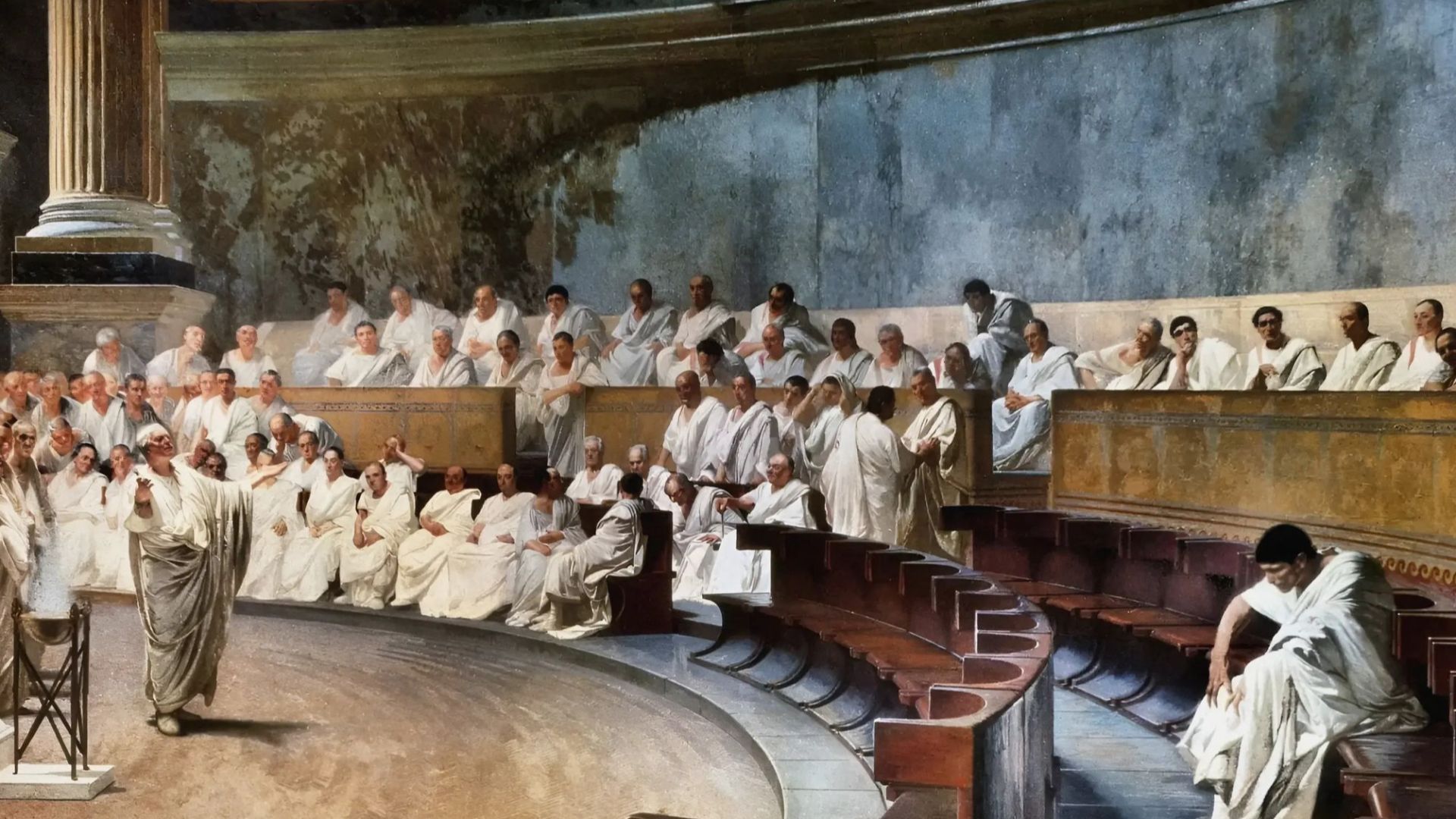 A fresco by Cesare Maccari (1840-1919) depicting Roman senator Cicero (106-43 BCE) denouncing Catiline's conspiracy to overthrow the Republic in the Roman senate. (Palazzo Madama, Rome).