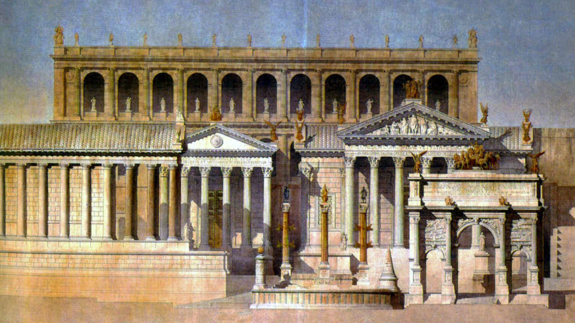 View on the Forum Romanum in ancient Rome - from left: Temple of Saturn, Temple of Vespasian, Rostra, Temple of Concord, Arch of Septimius Severus and Tabularium in background