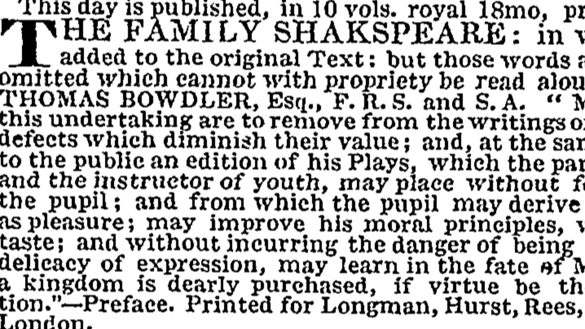 Advertisement for Thomas Bowdler's edition of Shakespeare plays, printed in and scanned from The Times, 10 August 1819, p. 4.