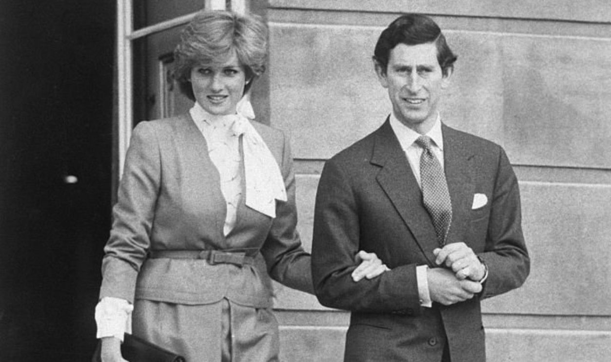 Charles, Prince of Wales, and his fiancee, Lady Diana Spencer, leave Buckingham Palace after the official announcement of their engagement.