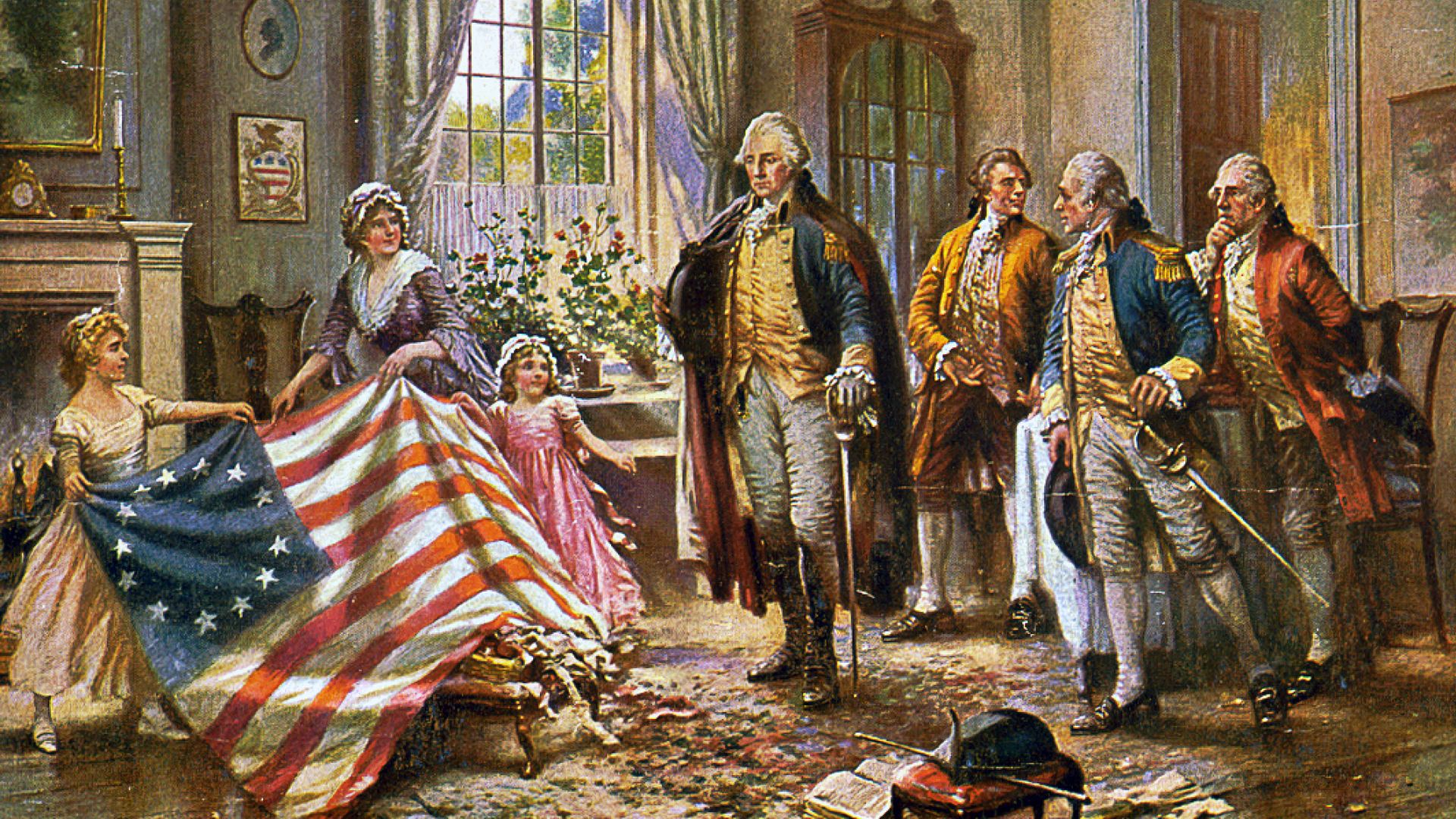 This image from c 1917 depicts what is presumed to be Betsy Ross and two children presenting the