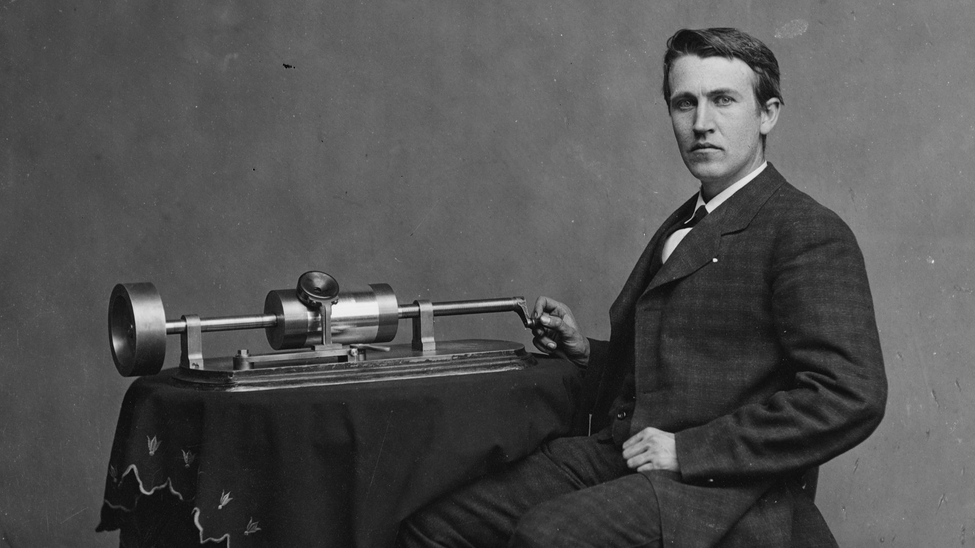 Thomas Edison and his early phonograph.  Cropped from Library of Congress copy.