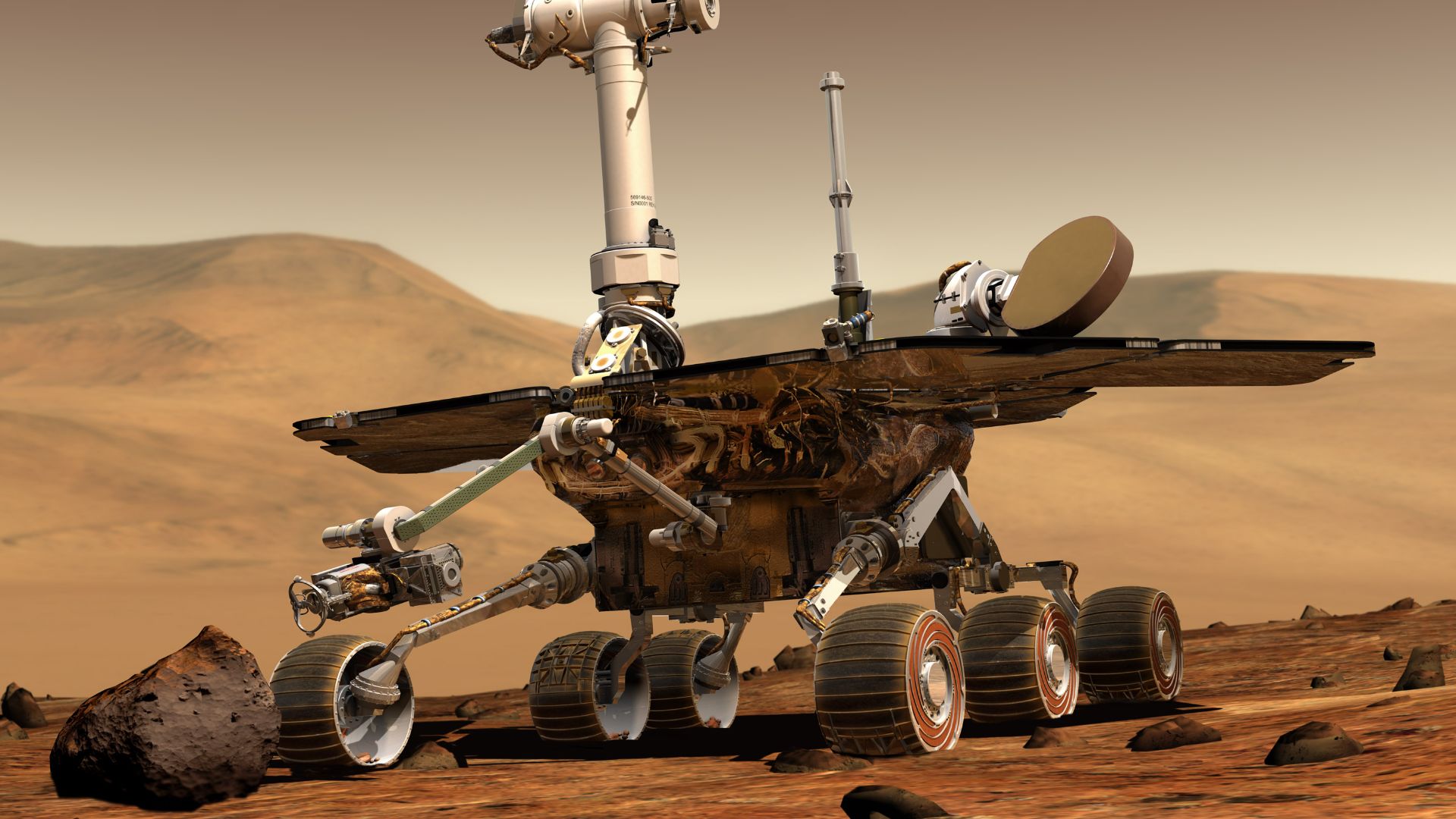 An artist's concept portrays a NASA Mars Exploration Rover on the surface of Mars. Rovers Opportunity and Spirit were launched a few weeks apart in 2003 and landed in January 2004 at two sites on Mars. Each rover was built with the mobility and toolkit to