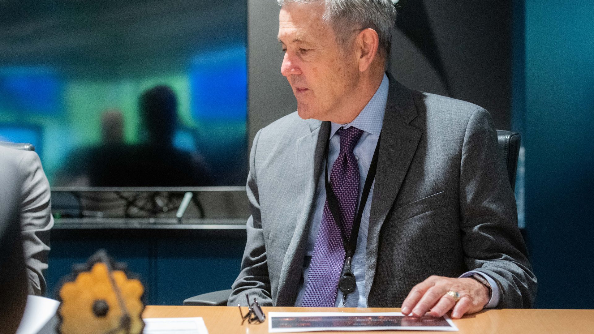NASA Associate Administrator Bob Cabana during a briefing in the Webb Mission Operations Center conference room at the Space Telescope Science Institute in Baltimore, Maryland. A model of the James Webb Space Telescope is in the foreground. 

Image credit