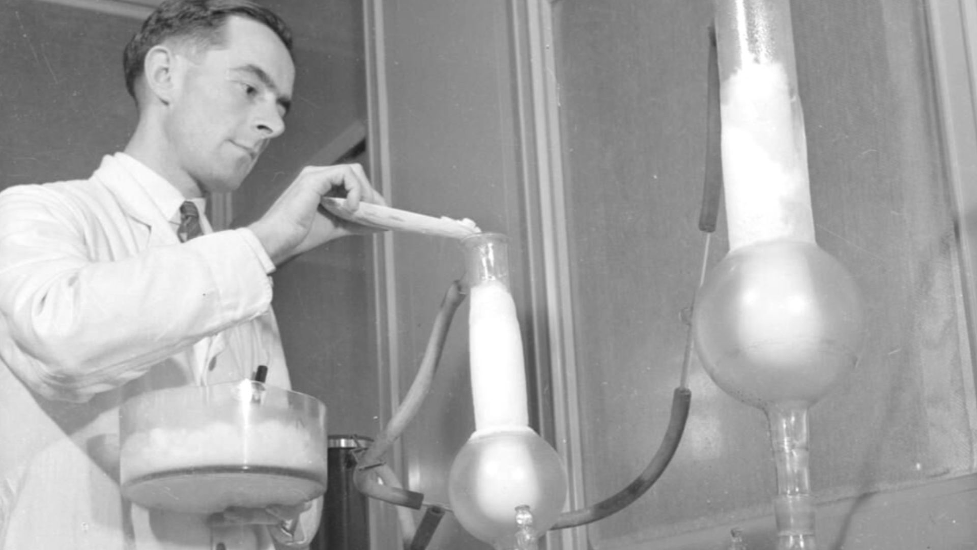 Penicillin Past, Present and Future- the Development and Production of Penicillin, England, 1943
A laboratory worker measures purified penicillin into ampoules or bottles.  It is then freeze-dried and the ice evaporated off under vacuum.  At the end of th