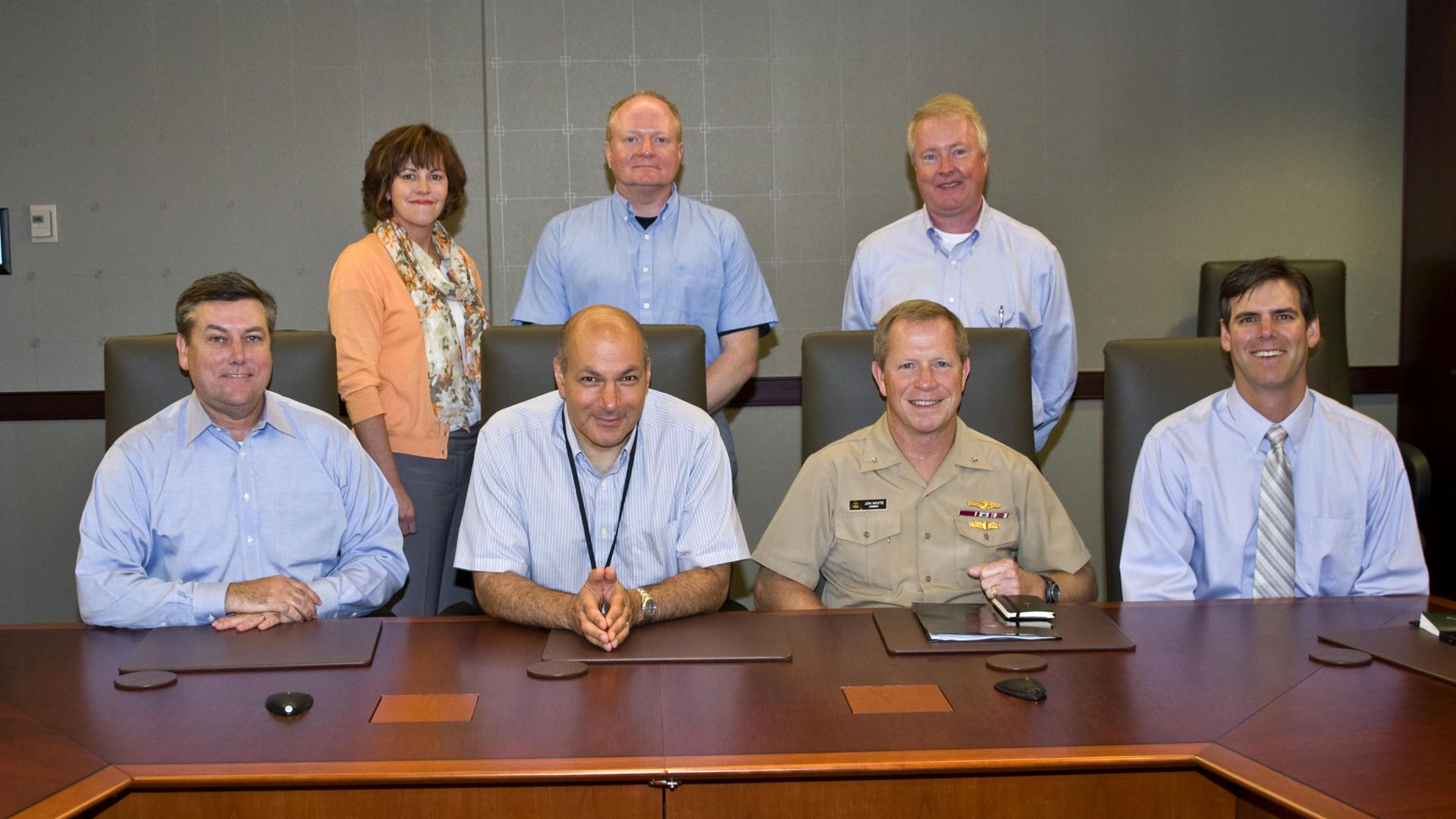NASA Chief Scientist Dr. Waleed Abdalati visited Stennis Space Center on July 19, to learn about the extensive science capabilities onsite. Shown at right are: (seated, l to r), Stennis Center Director Patrick Scheuermann; Dr. Abdalati; U.S. Navy Rear Adm