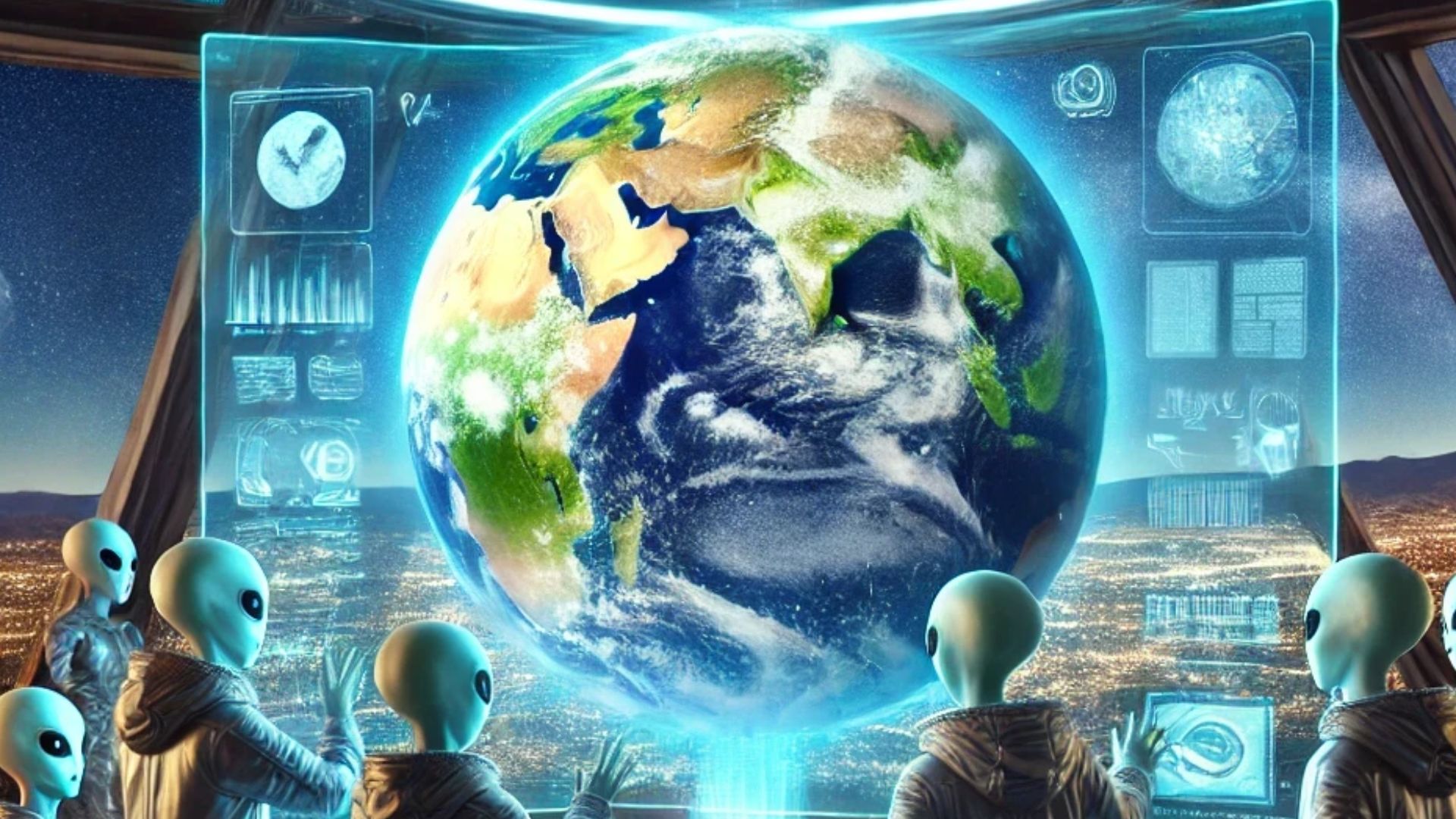 A few aliens observe Earth by using their space telescope located somewhere in our solar system.