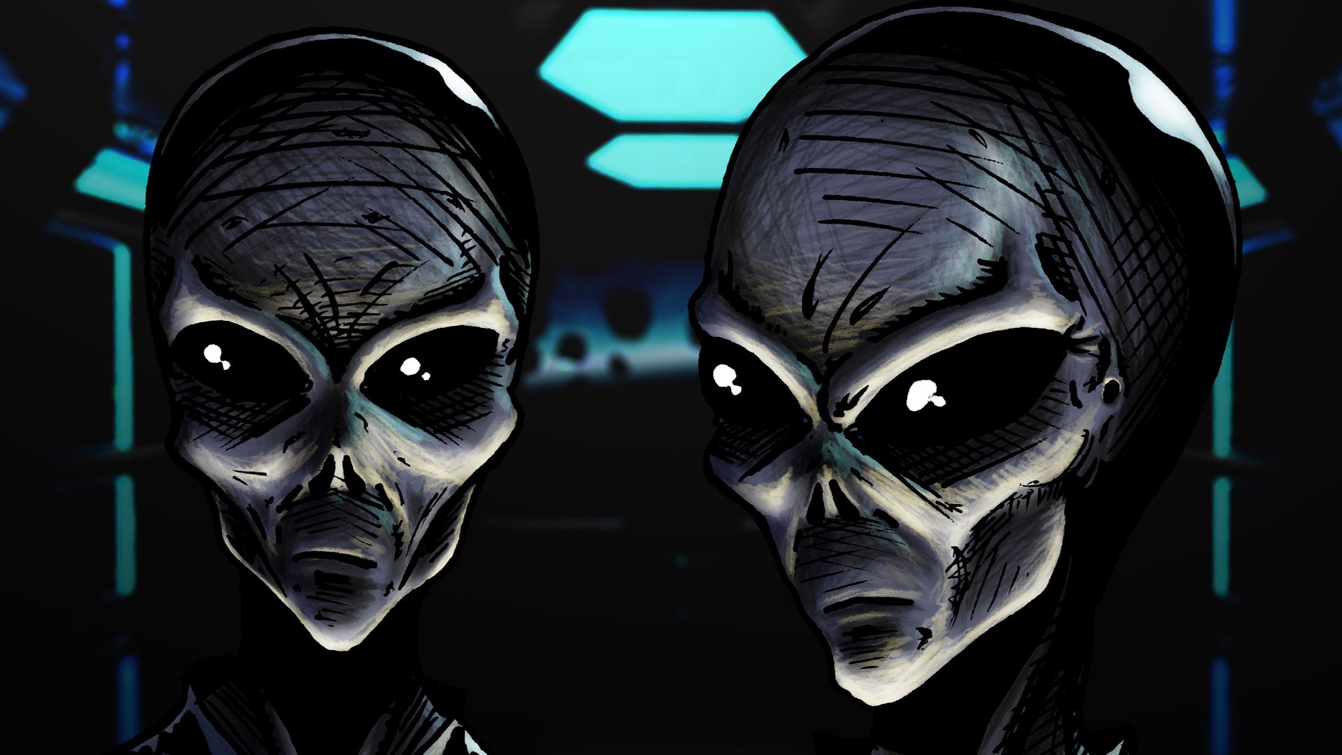 A digitally colorized pen & ink drawing of two grey aliens