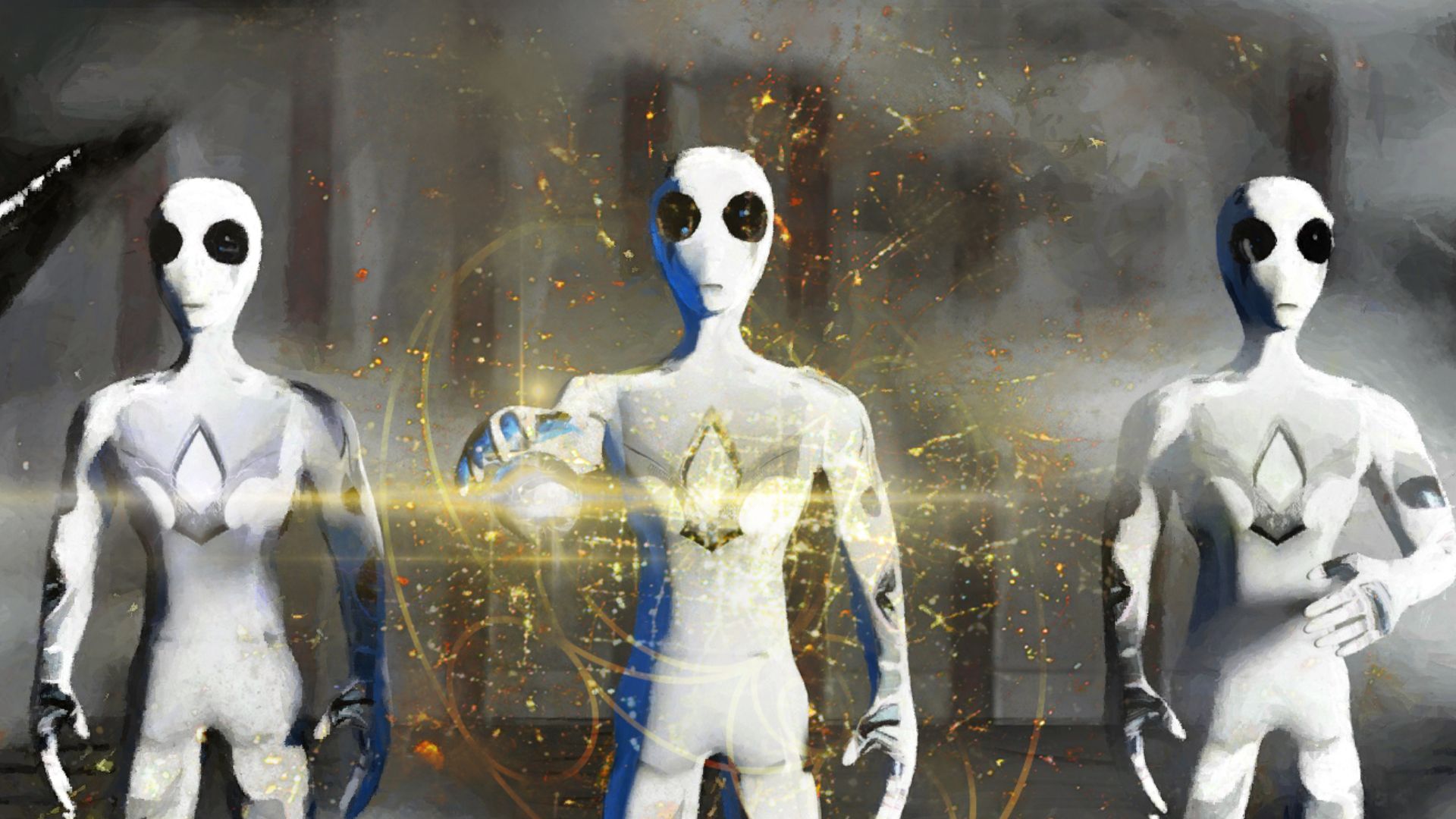 Artistic depiction of stereotypical aliens