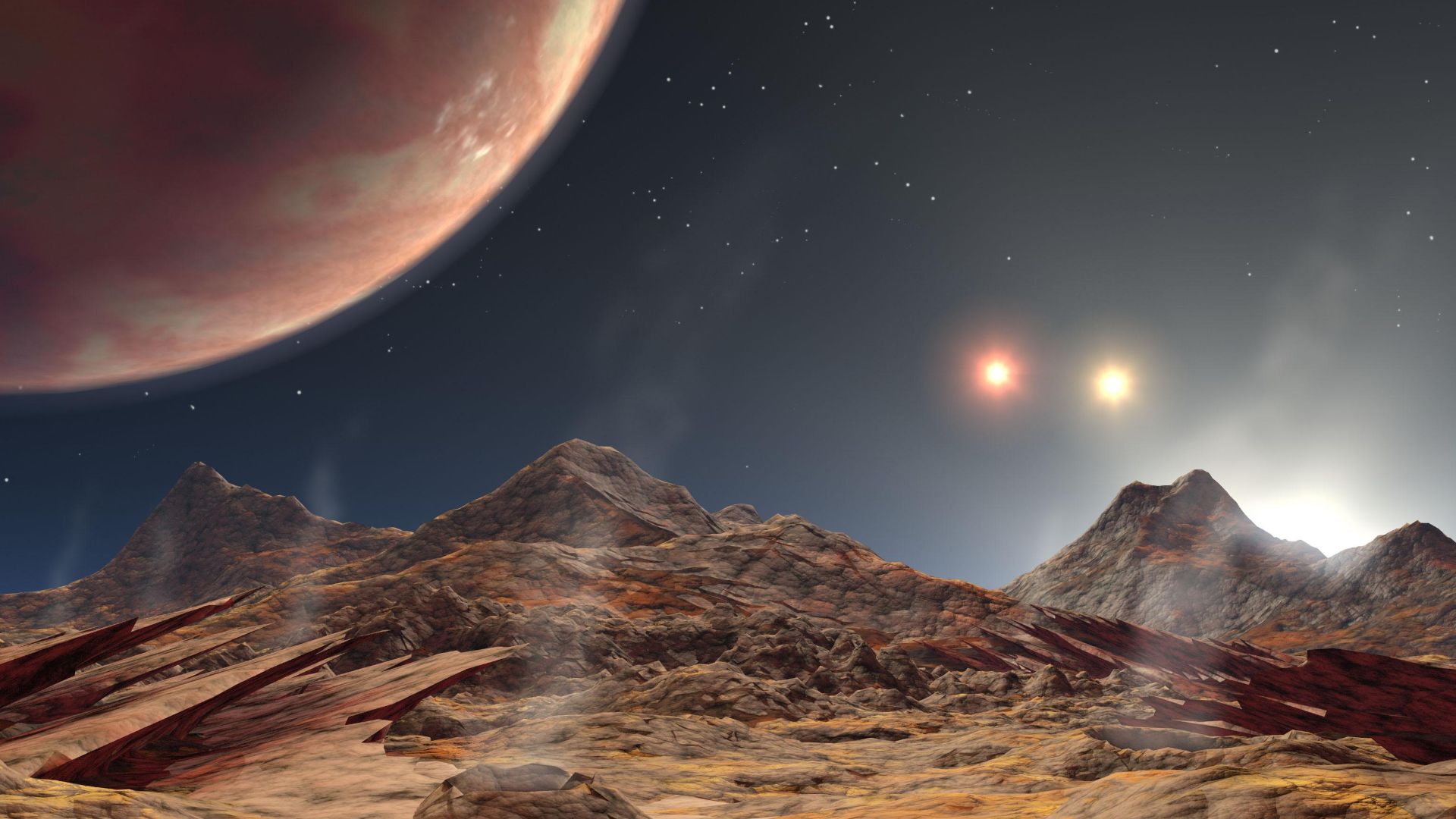 Artist's conception of the three suns and the newly discovered Jupiter-sized planet from the perspective of a hypothetical moon orbiting the planet. The large yellow sun is already halfway over the horizon. The orange and red suns are still visible in the