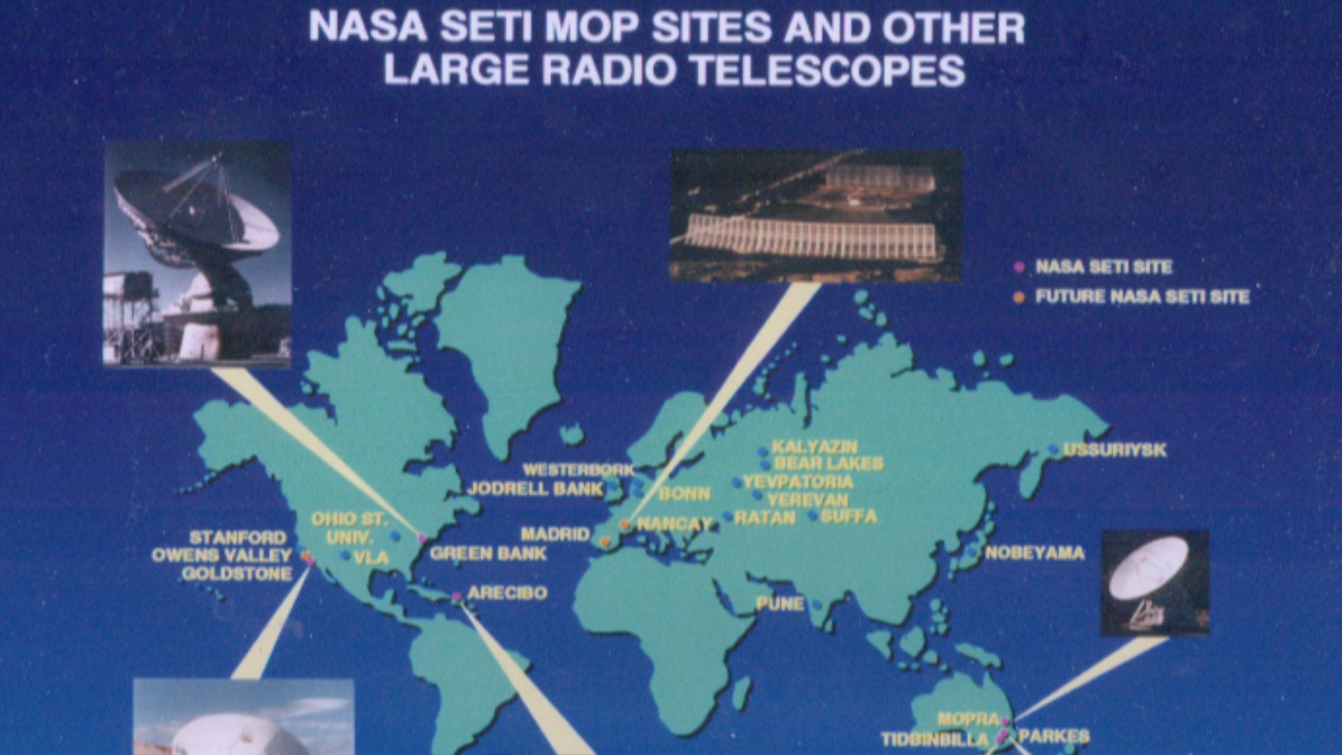 NASA SETI (Search for Extraterrestrial Intelligence) MOP (Microwave Observing Project) sites and other large telescopes