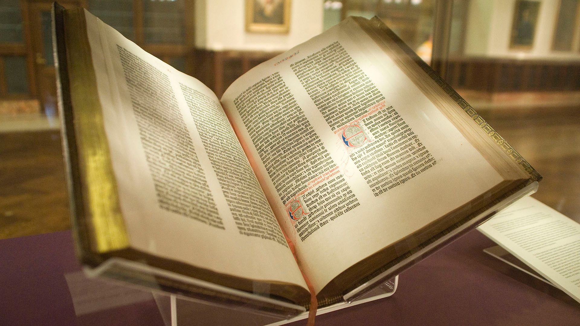 The Gutenberg Bible
[Bible, Latin Vulgate. Ca. 1455].  Biblia Latina.  [Mainz: Johann Gutenberg, ca. 1455].
Rare Books Division.  From the Lenox Library
The first substantial printed book is this royal-folio two-volume Bible, comprising nearly 1,300 pages