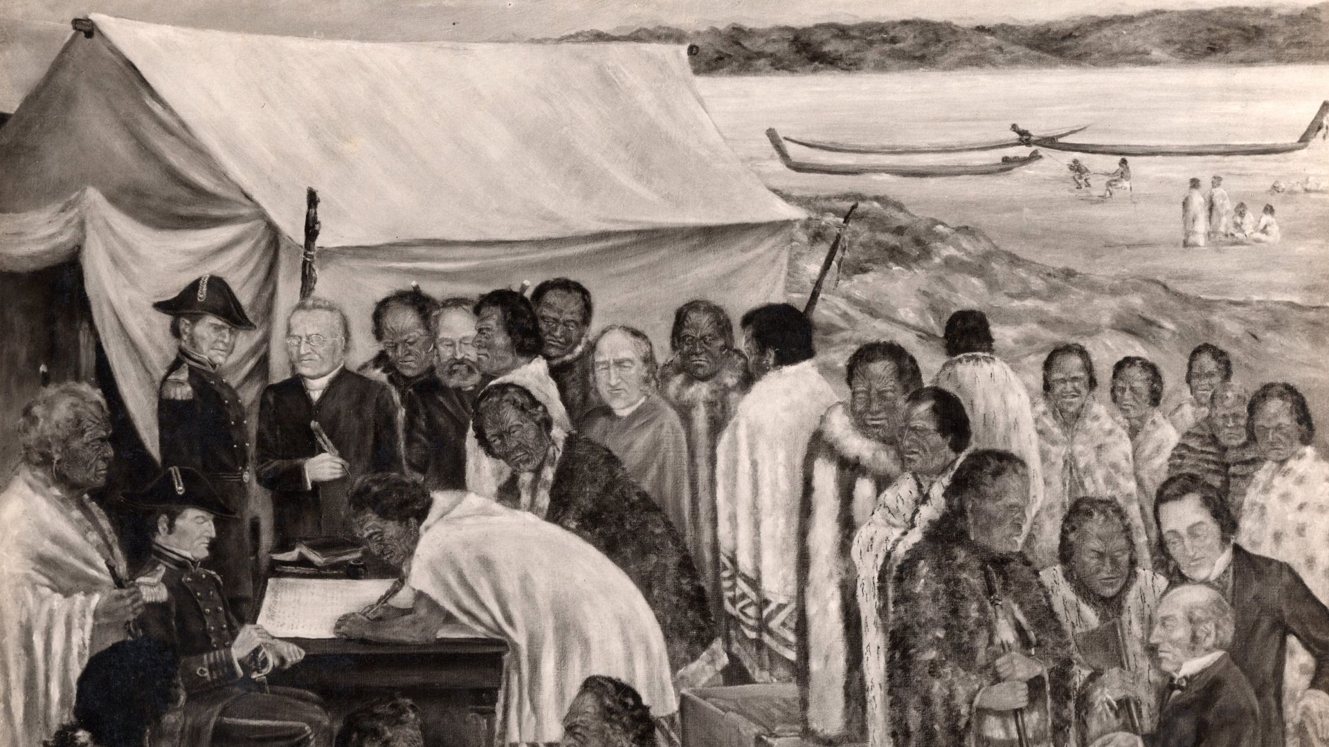 Ōriwa Tahupōtiki Haddon was a public figure known for his orator abilities as a broadcaster, Methodist minister and Māori advocate. A pharmacist by trade Haddon was also an accomplished artist. 
This image is of a painting titled “The Signing of the Treat