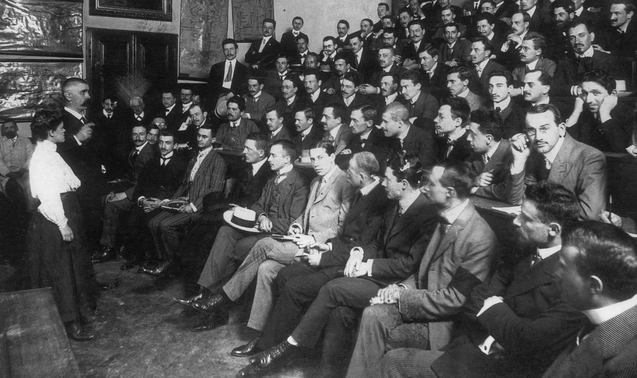 AUSTRIA - CIRCA 1900: Auditorium filled with students at a lecture of Julius Wagner-Jauregg, physician and psychiatrist, who became famous for his treatment of mental disease by inducing a fever, which earned him the Nobel Prize in Medicine in 1927. Vienna. Photograph. Around