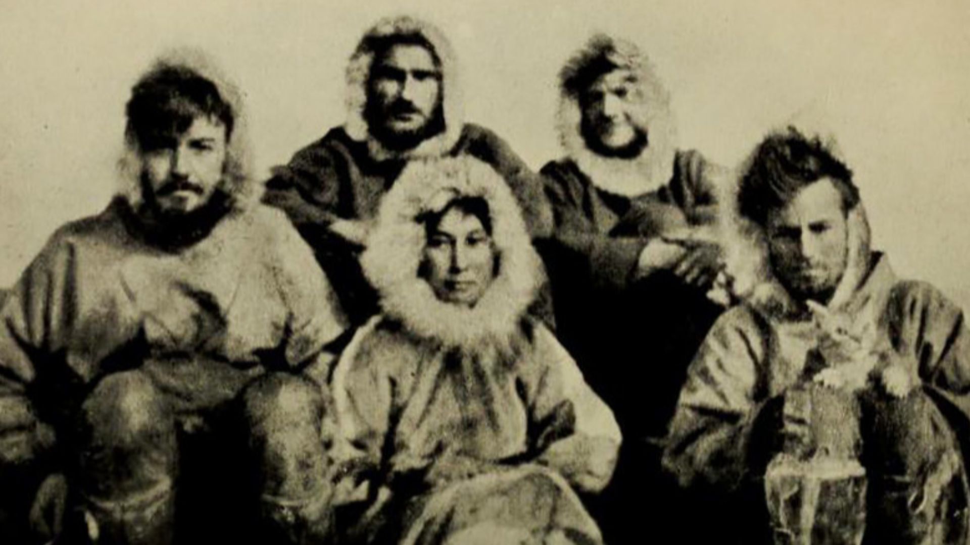 The 1921 Wrangel Island Expedition team: Ada Blackjack, Allan Crawford, Lorne Knight, Fred Maurer, Milton Galle, and Victoria the cat.