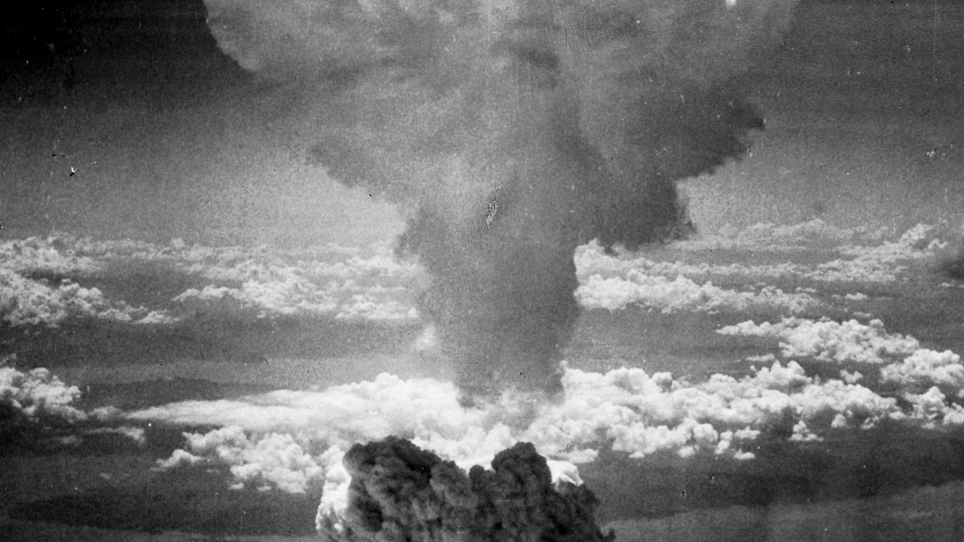 Mushroom cloud above Nagasaki after atomic bombing on August 9, 1945. Taken from the north west.