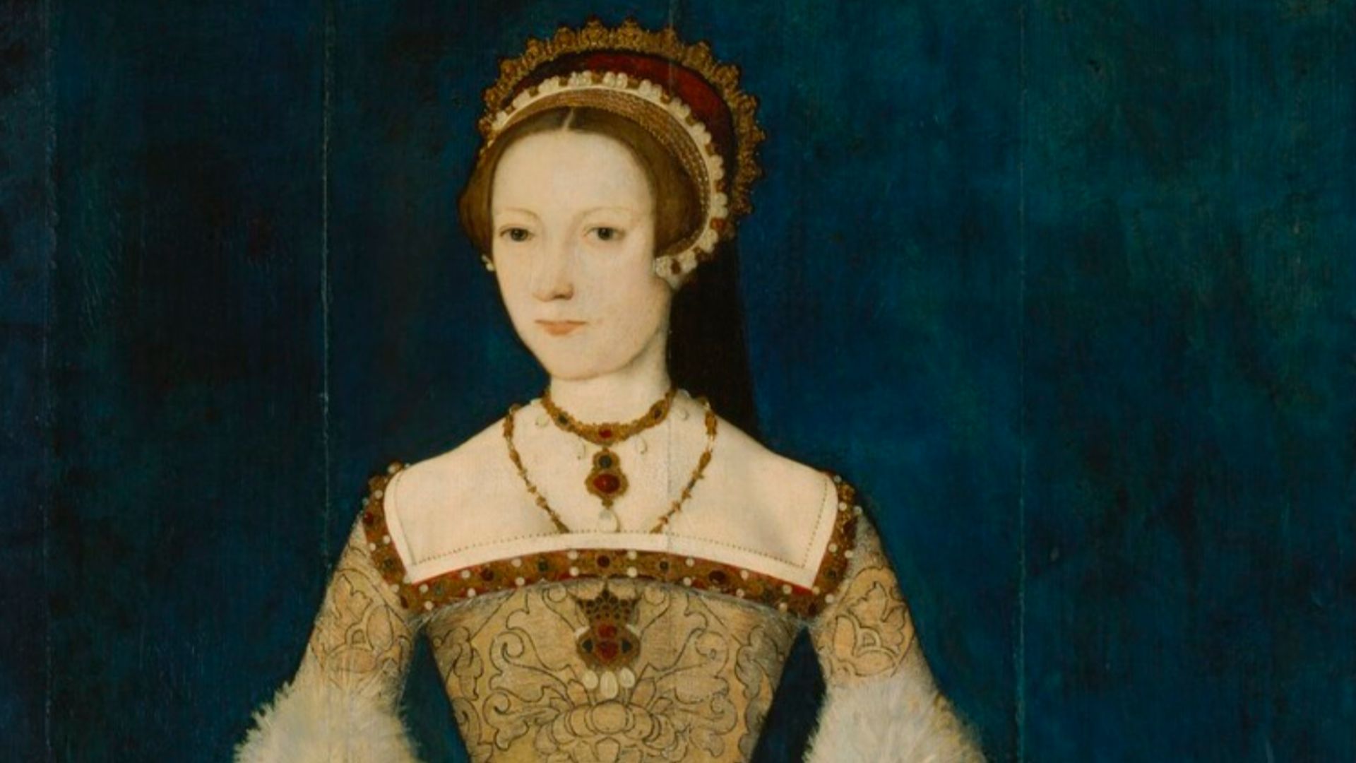 The sitter was formerly thought to be Lady Jane Grey, however there is considerable evidence to support the traditional identification as Catherine Parr, including the distinctive crown-shaped brooch, which can be identified in an inventory of jewels belo