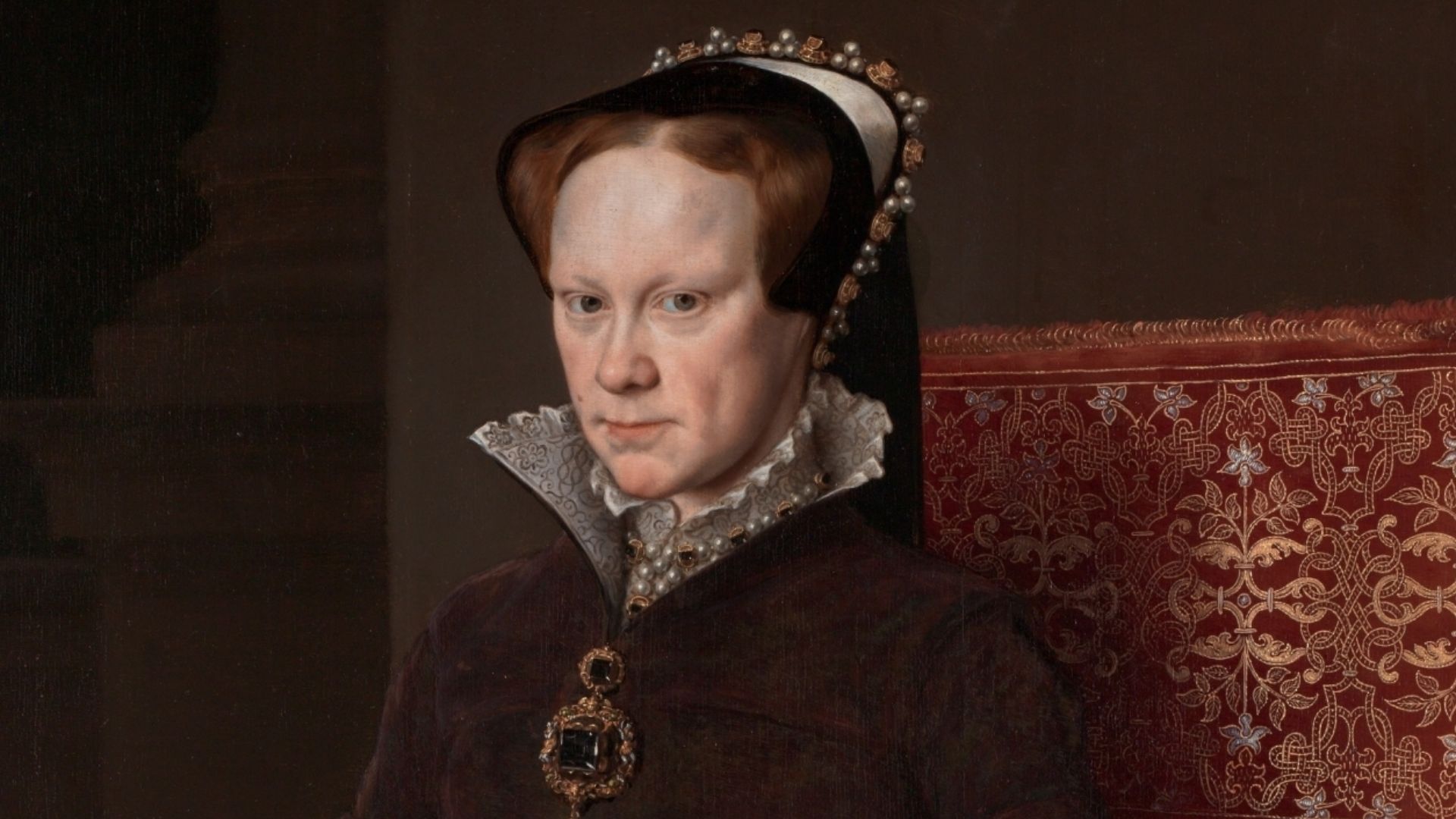 Retrato de la reina María I de Inglaterra (1516-1558), más conocida como María Tudor, que fue hija del rey Enrique VIII de Inglaterra y de la reina Catalina de Aragón y reina consorte de España por su matrimonio con Felipe II, hijo del emperador Carlos I 