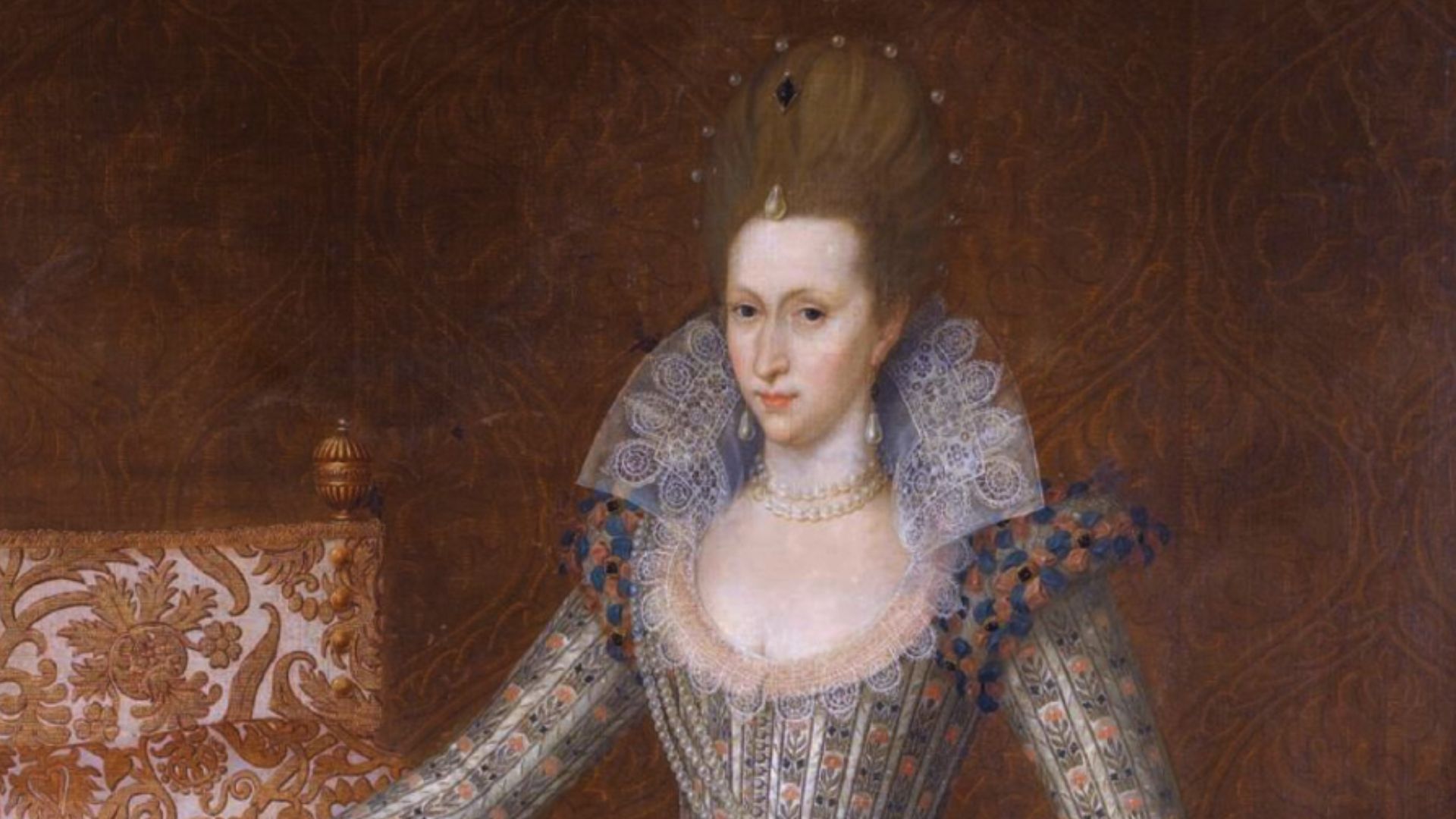 Anne of Denmark (1574-1619), wearing a white farthingale dress and pearl sash
