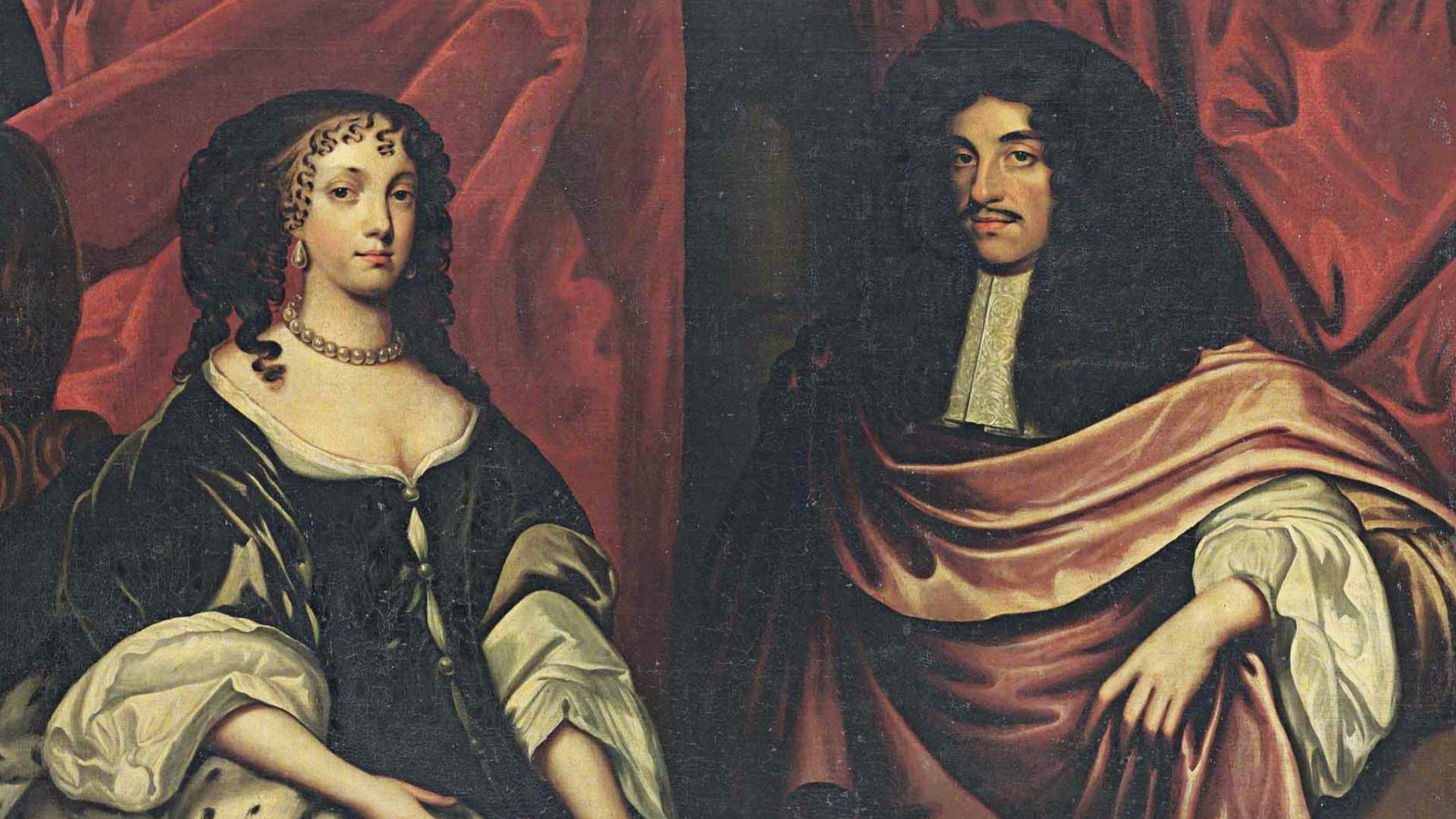 English School, circa 1665
Double portrait of King Charles II (1630-1685), in a pink cloak and Catherine of Braganza (1638-1705), in a grey dress and an ermine-lined wrap, seated on a scallop-shell back chair, half-length, before a draped curtain
Provenan